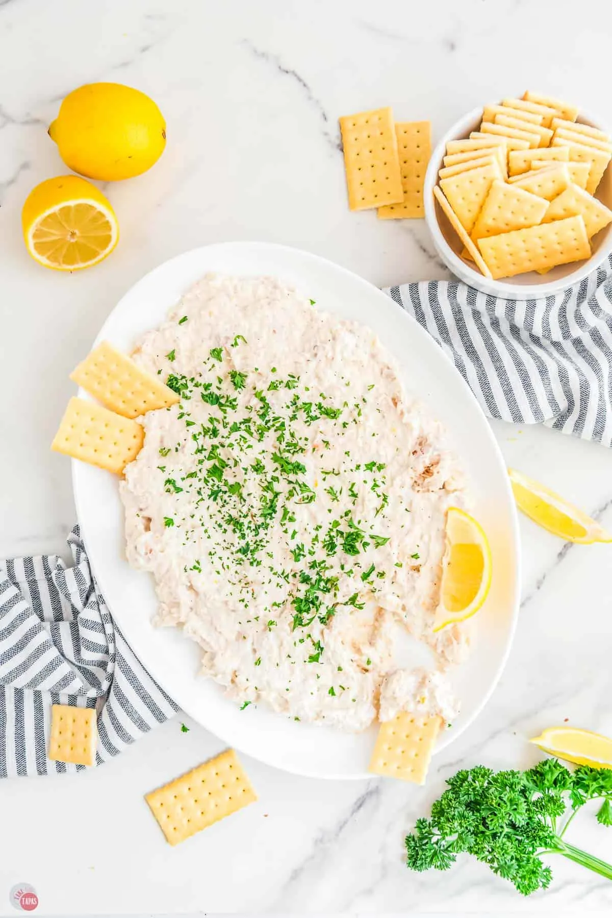 tuna dip on a white plate with crackers