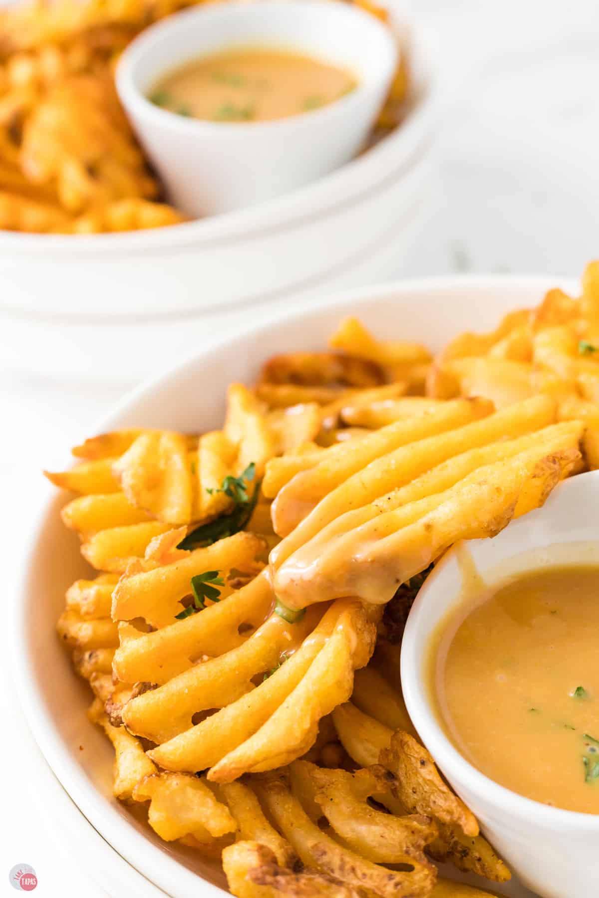 close up of fries and creamy honey mustard