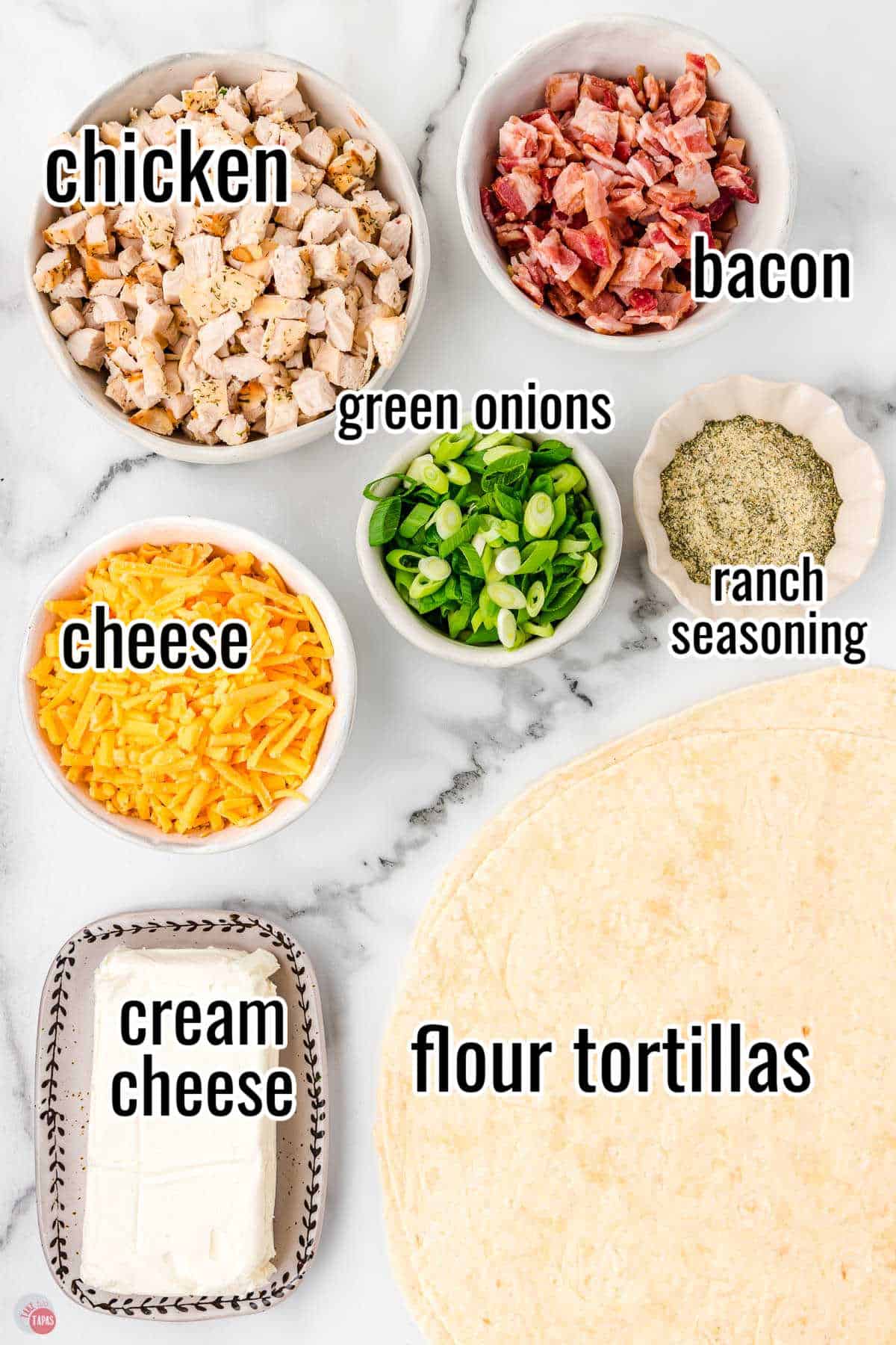 ingredients for pinwheel sandwiches with text overlay labeling them