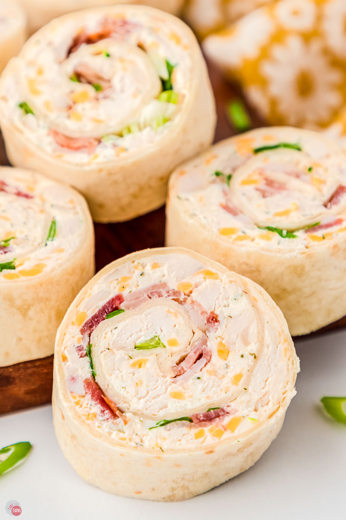 close up of chicken bacon ranch pinwheels sandwiches