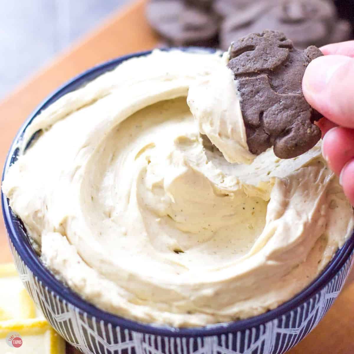 creamy coffee dip in a blue bowl