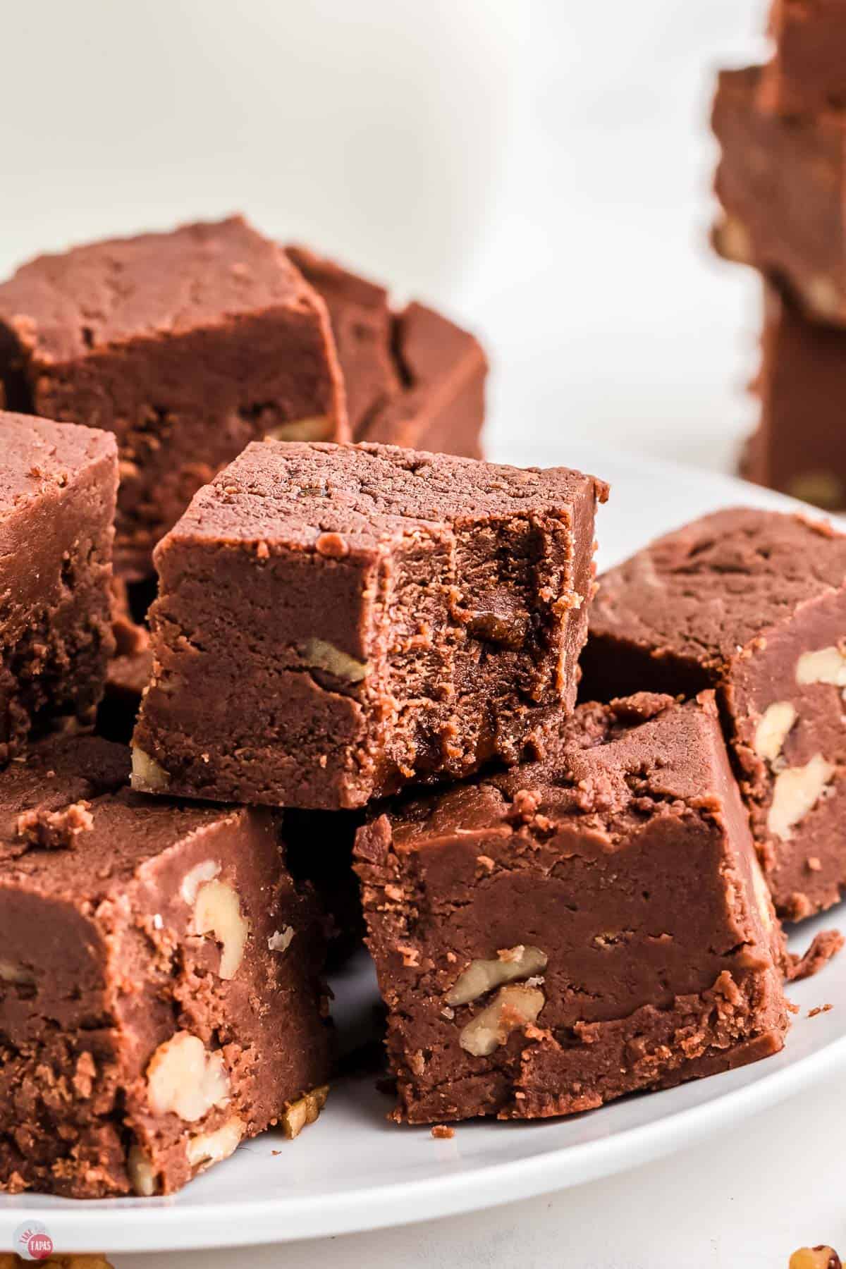 close up of fudge pieces with a bite out of it