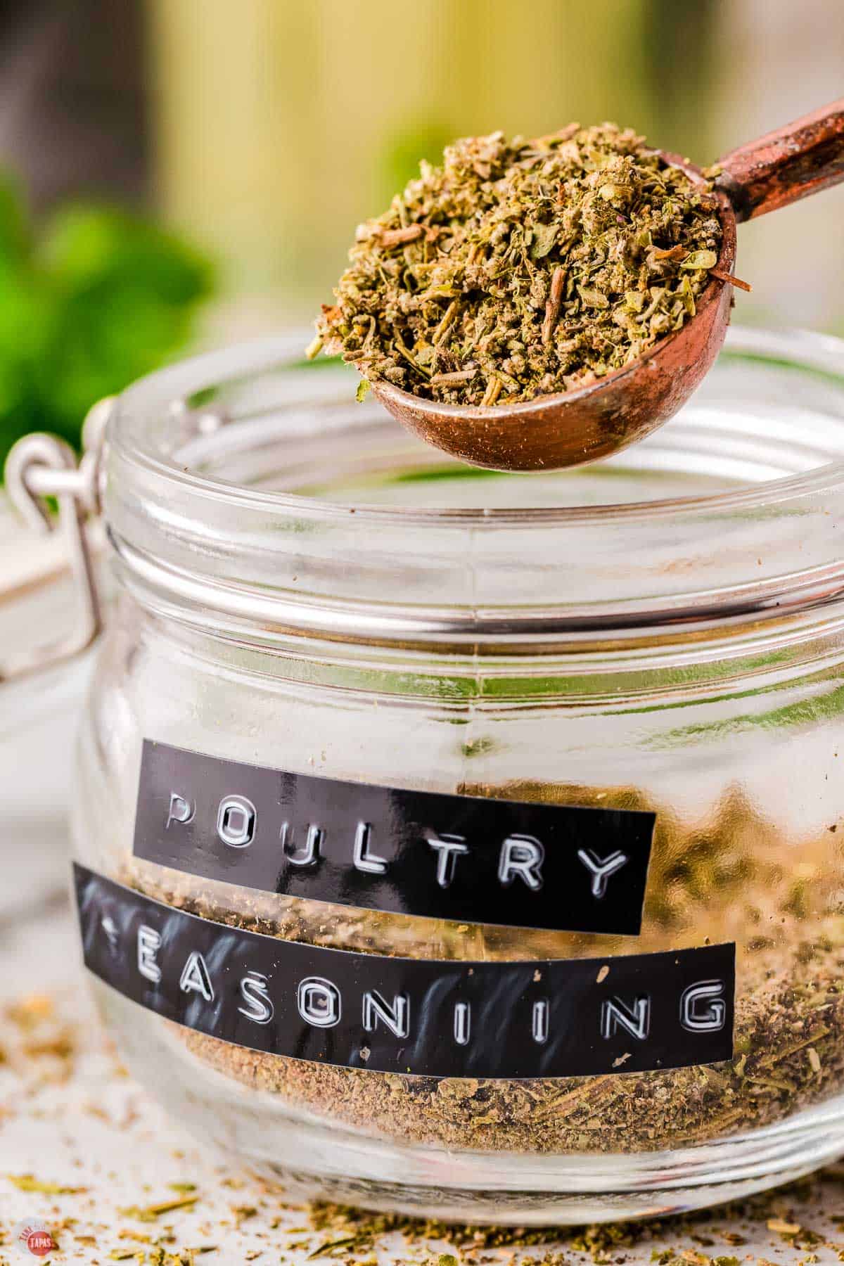 jar of spices with a black label