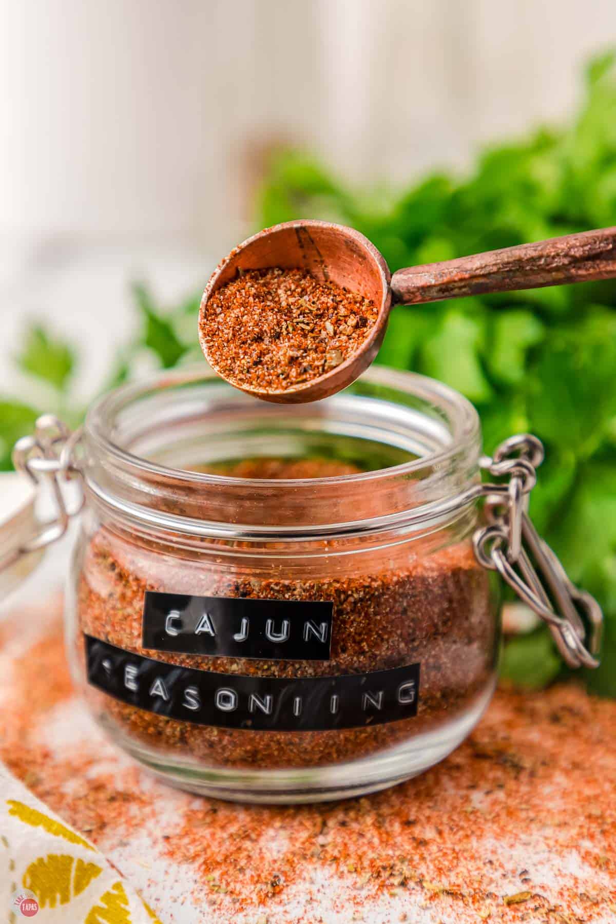 jar of cajun seasoning with a copper measuring spoon