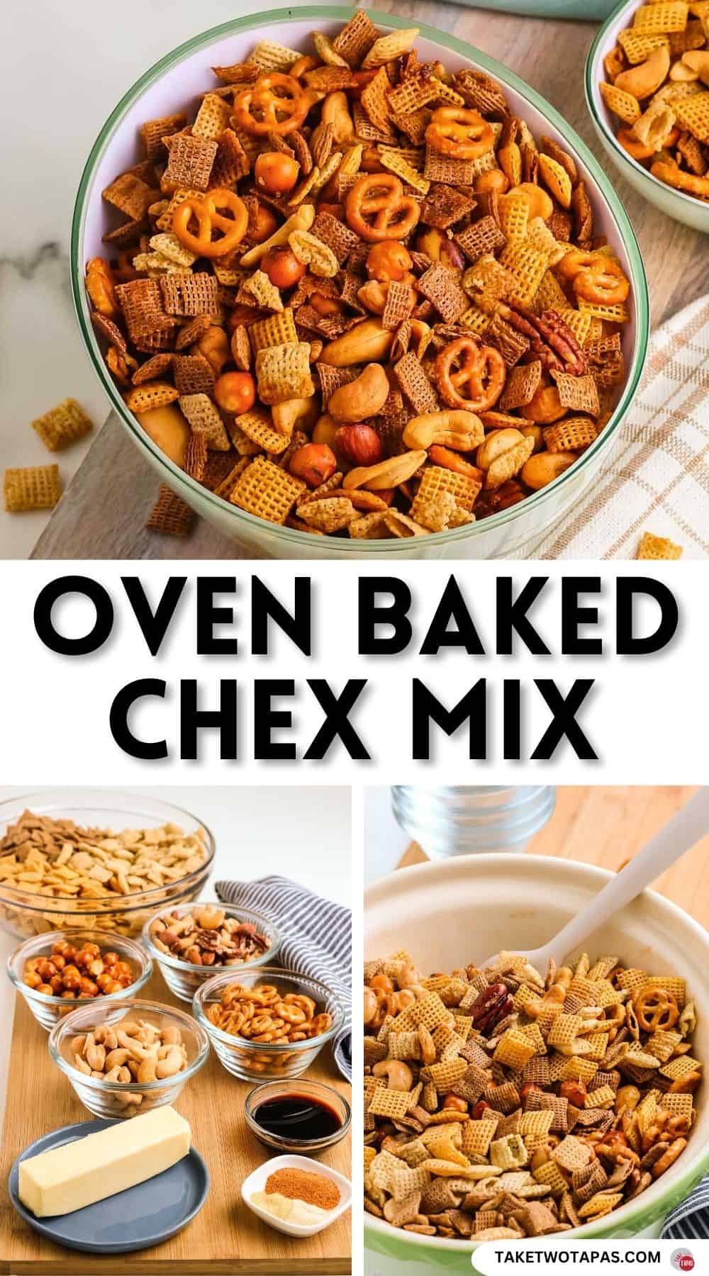 Pinterest pin image for Oven baked chex mix recipe