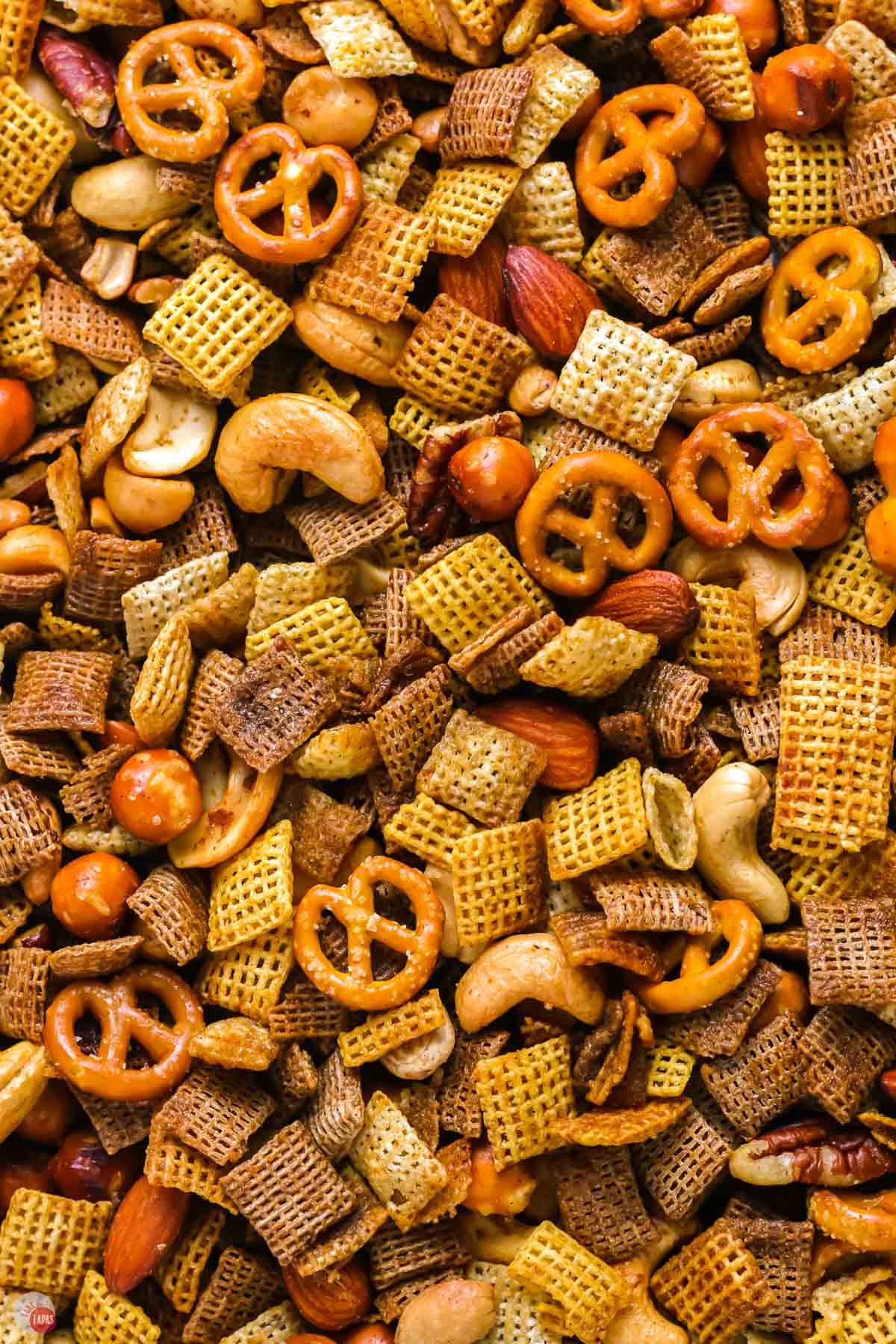 close up of oven baked Chex Mix