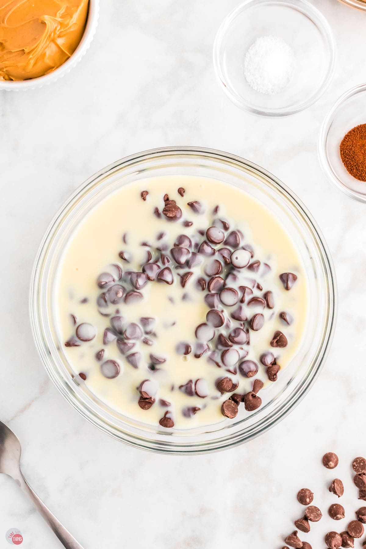 place chocolate chips and milk in a bowl