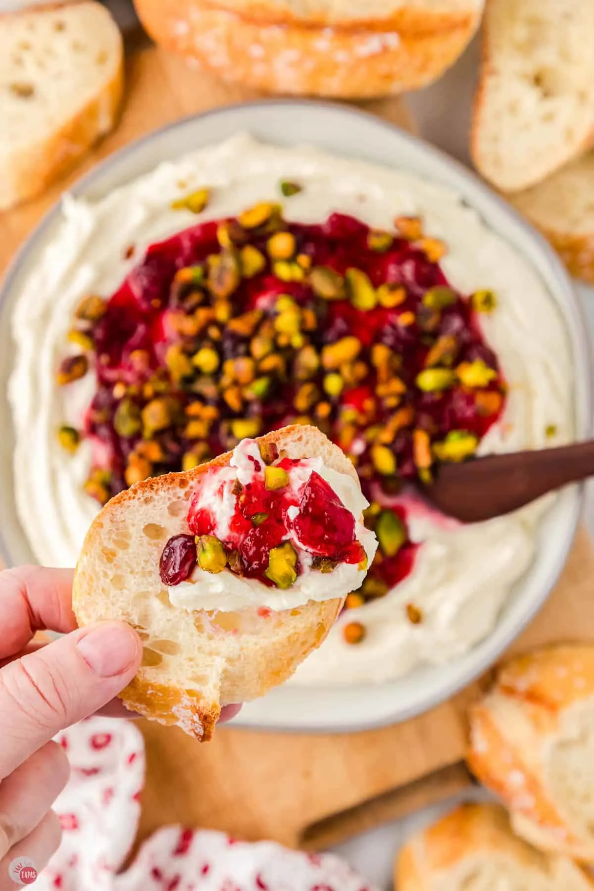 hand with crostini and cranberry whipped feta dip