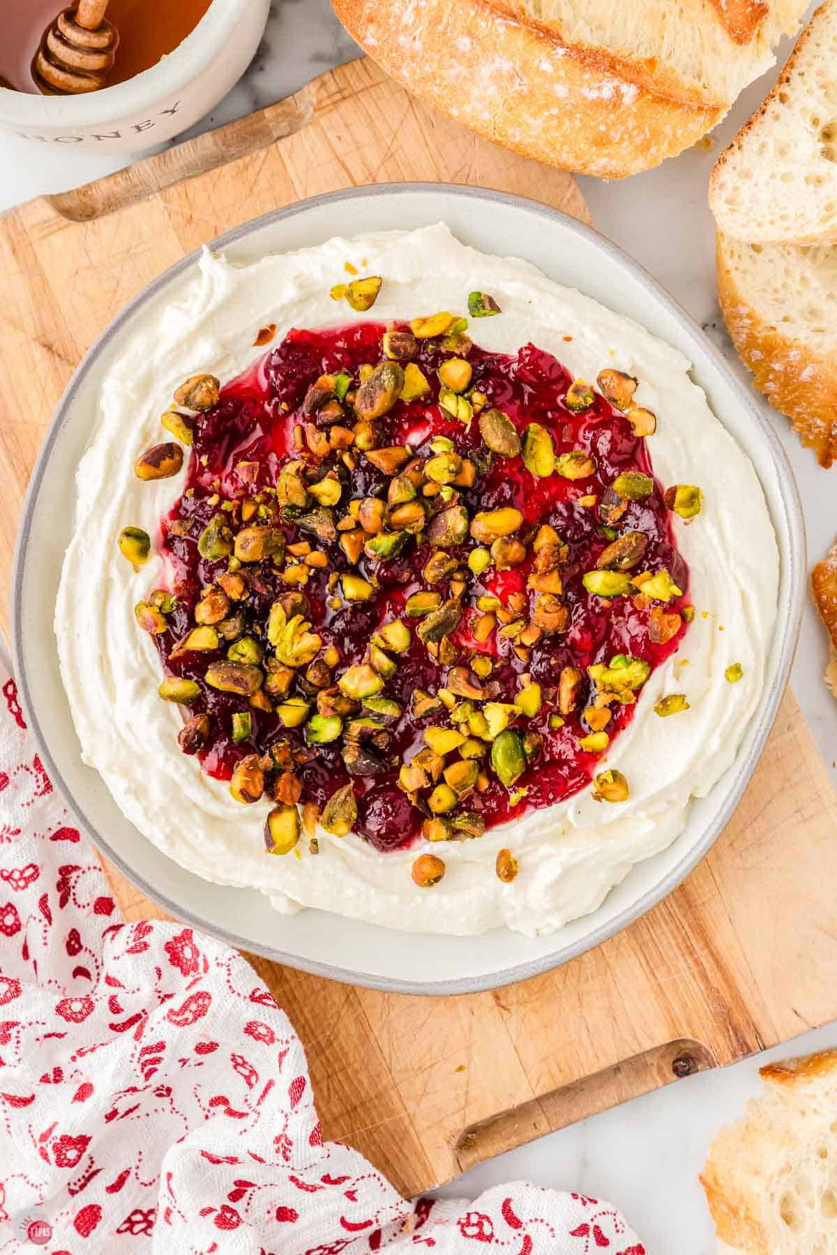 sprinkle cranberry whipped feta dip with toasted pistachios for crunch!