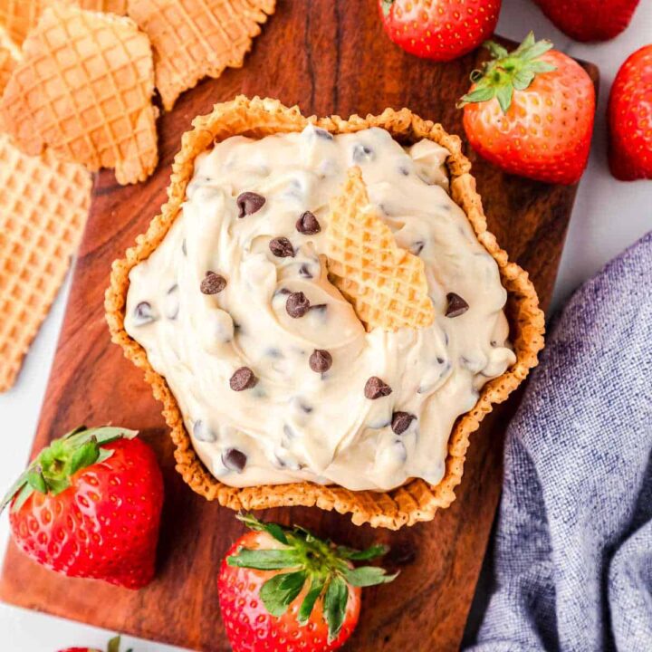 chocolate chip cream cheese dip recipe in a waffle cone bowl