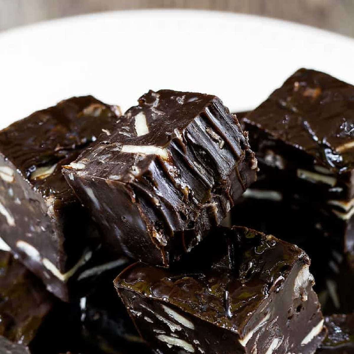 plate of dark chocolate fudge pieces