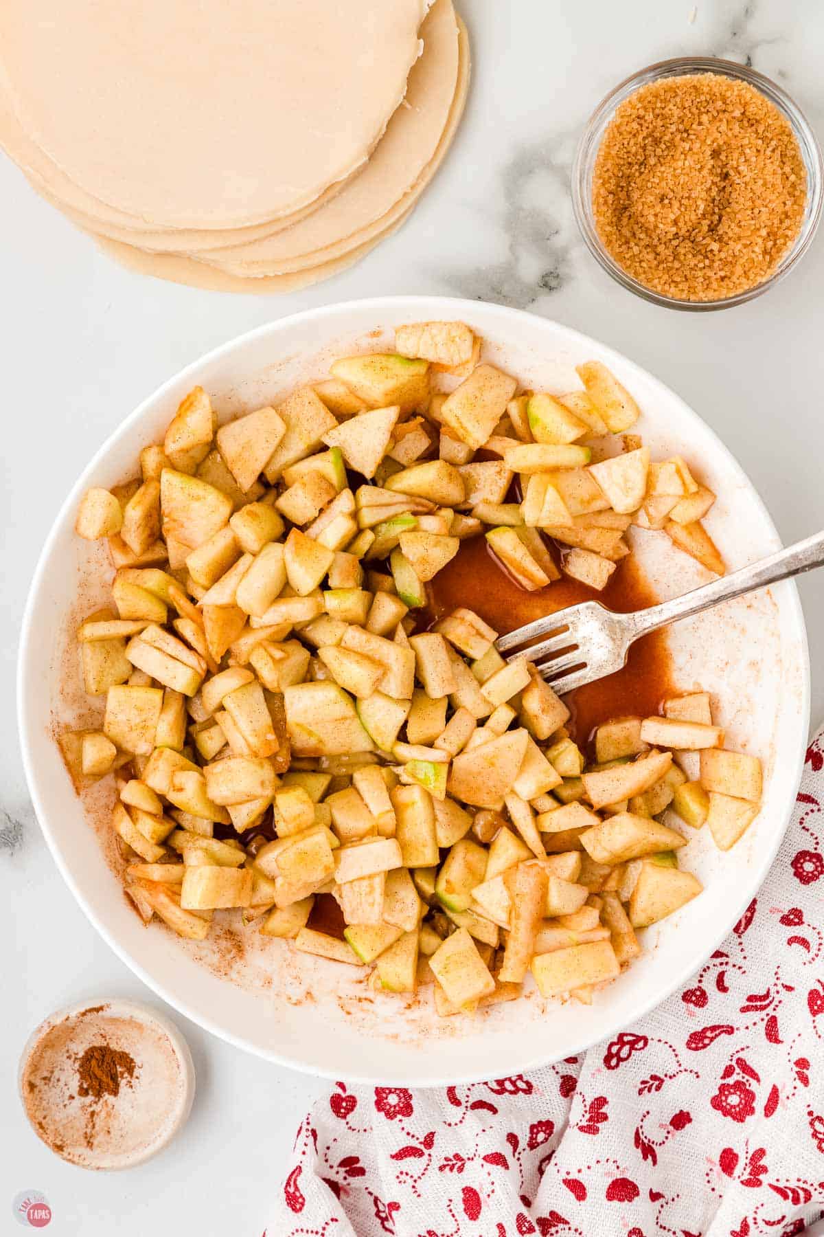 diced apples and caramel sauce