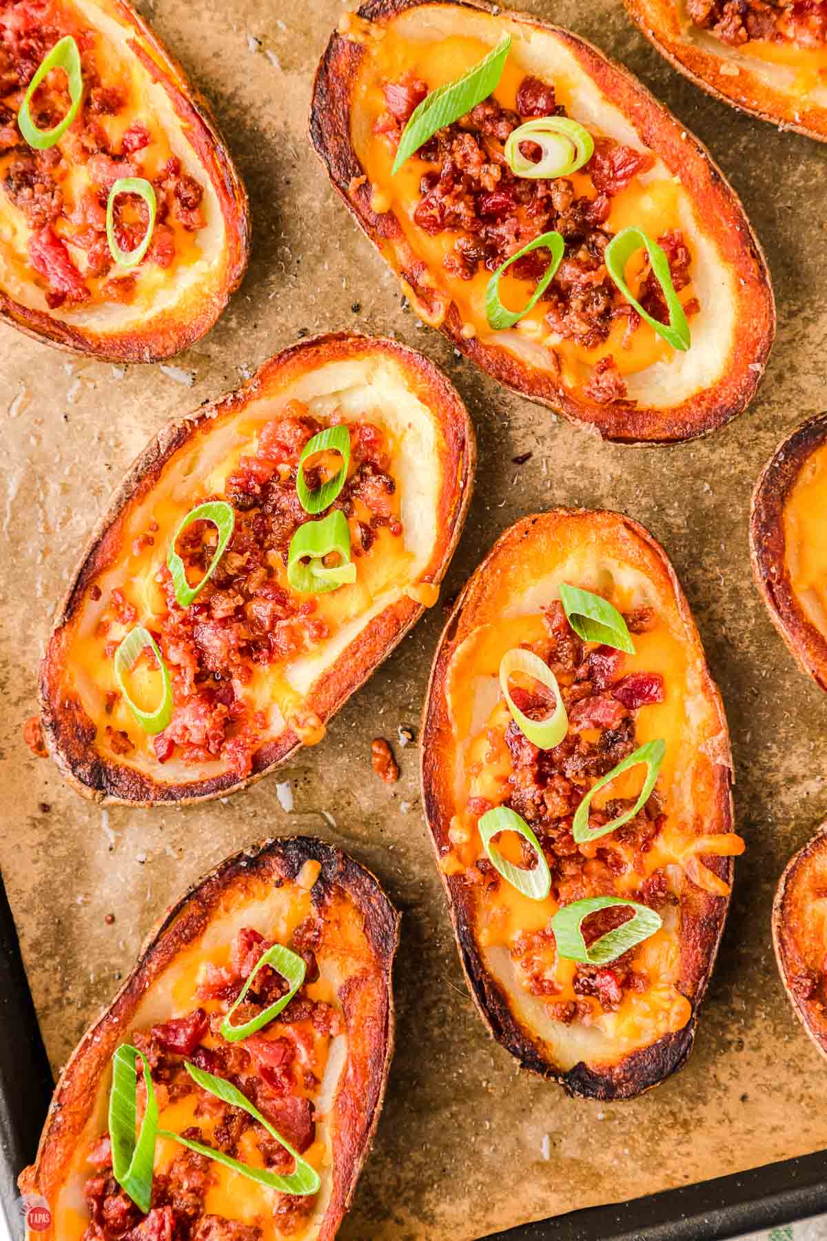 homemade loaded potato skins on a baking sheet