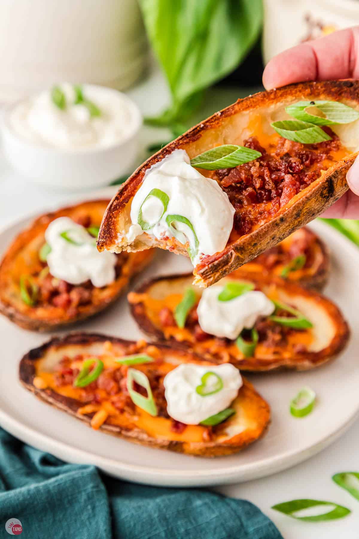 hand holding crispy potato skin with sour cream on it