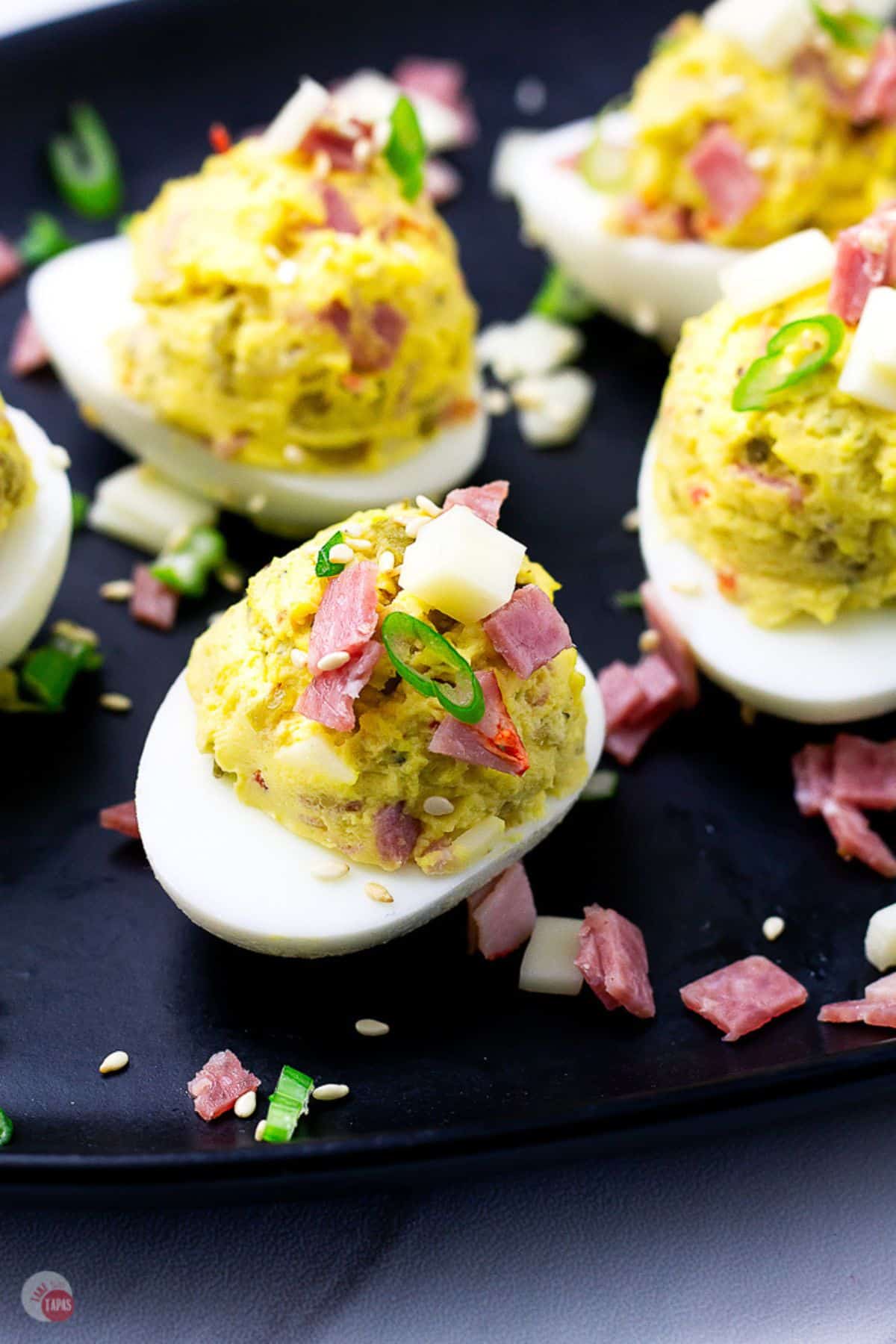 salami and olive deviled eggs