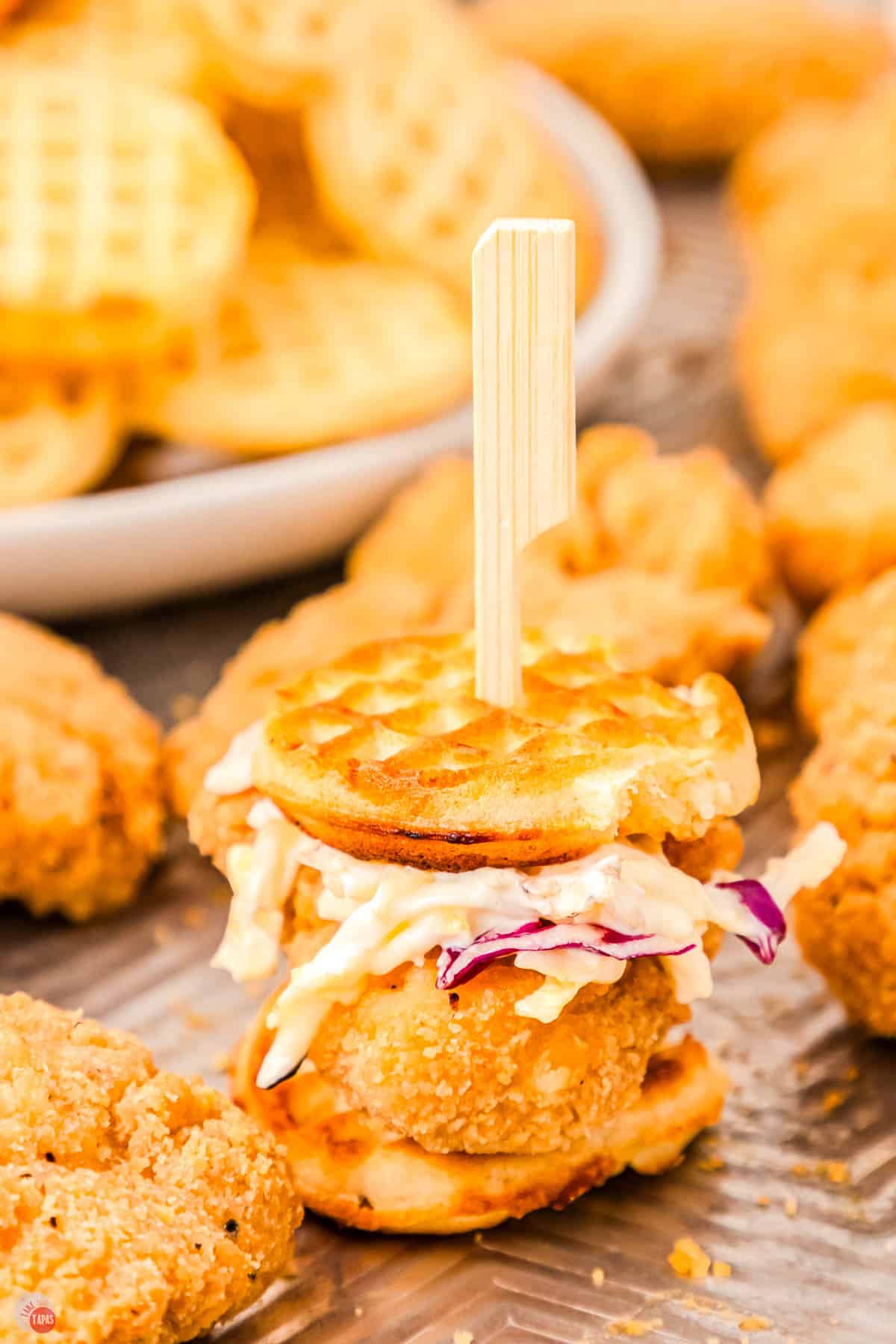 mini chicken and waffle sliders are fun for a party
