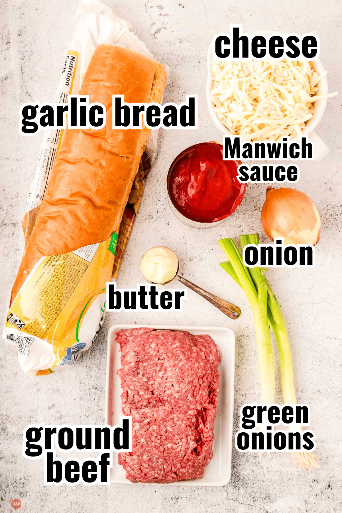 recipe ingredients including a pack texas toast garlic bread, pound of lean ground beef, and sauce.