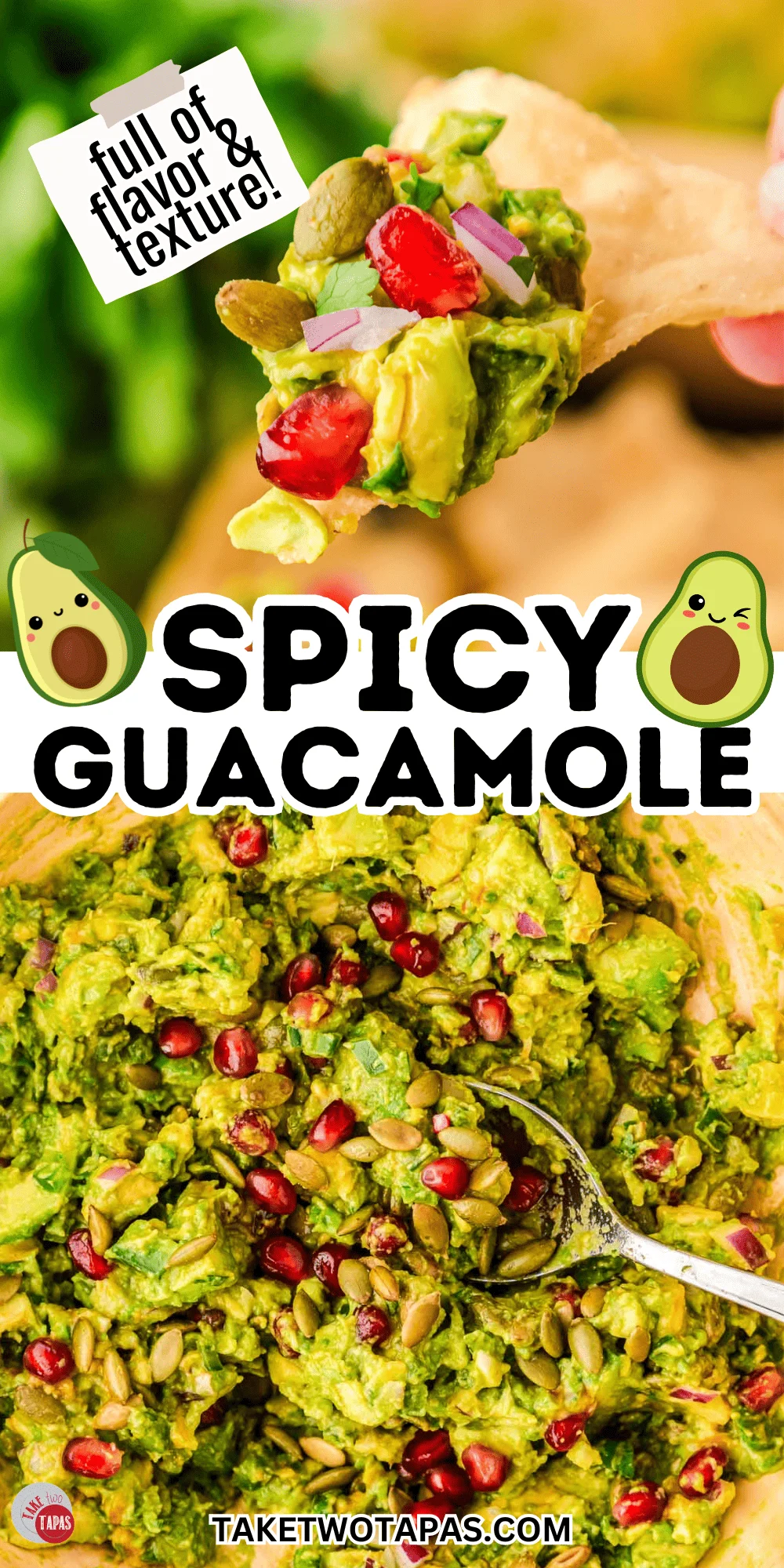 simple spicy guacamole recipe with pepitas and pomegranate seeds