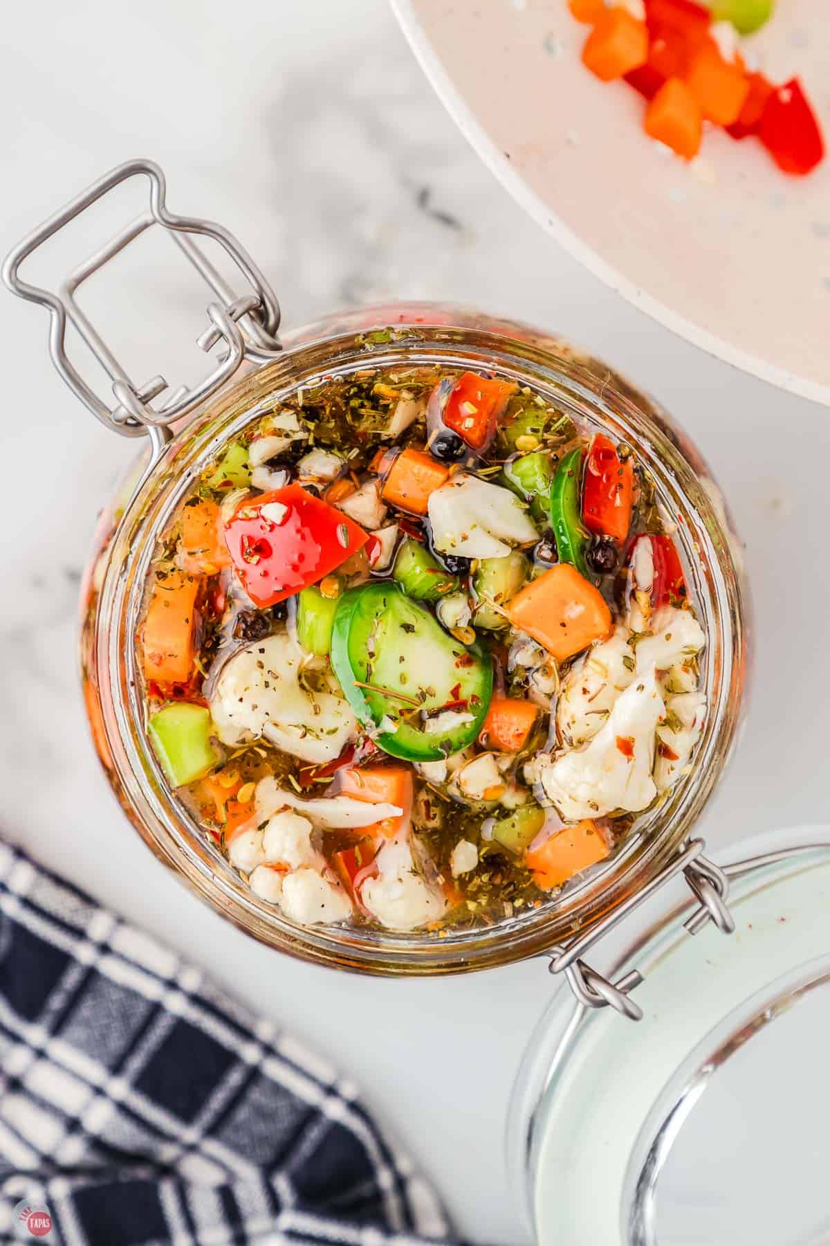 jar of giardiniera with the lid off