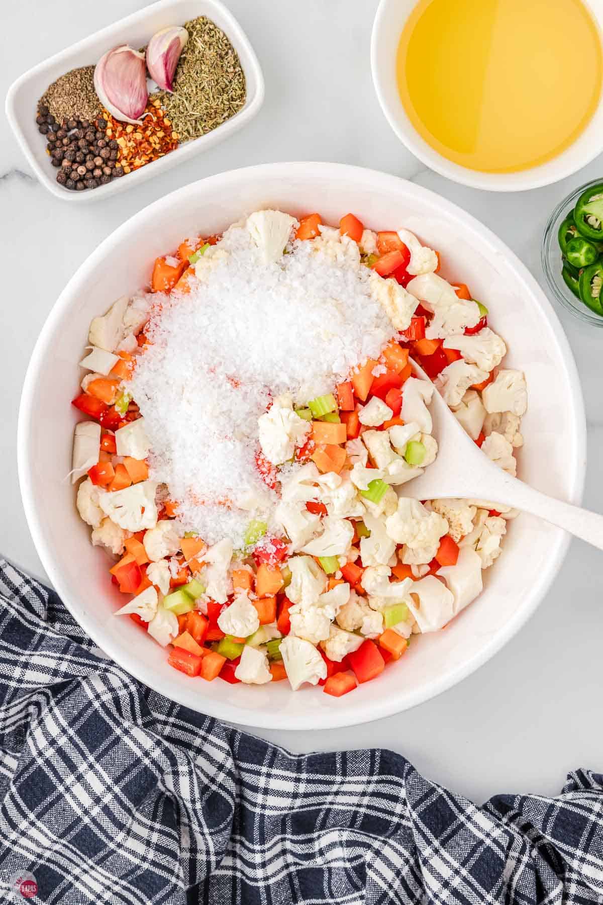 bowl of vegetables with salt