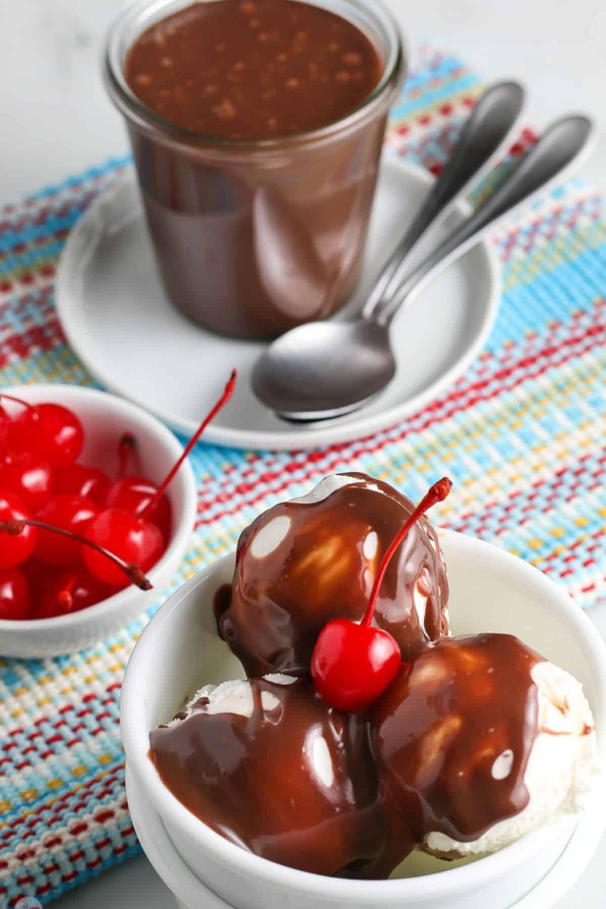 bowl of ice cream topped with hot fudge sauce and a small bowl of cherries