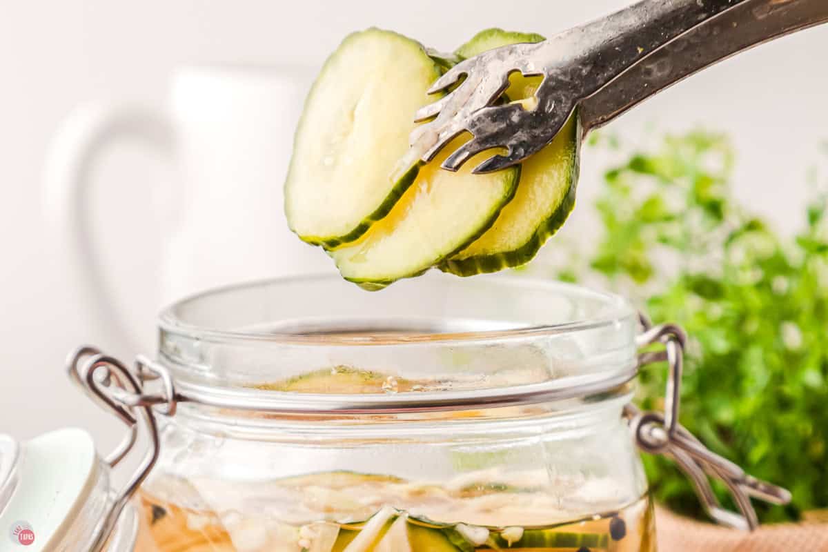 tongs pulling pickle slices out of a jar