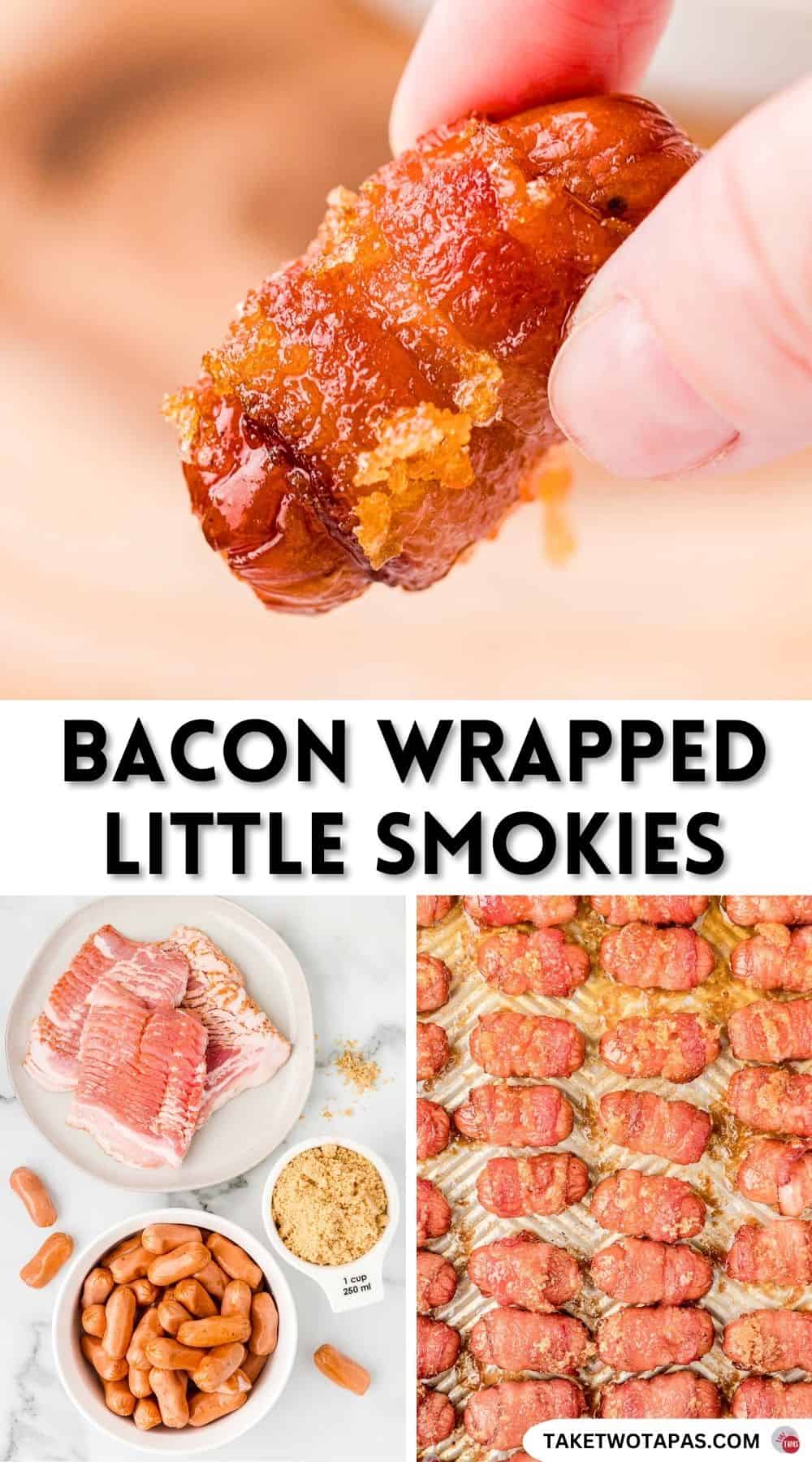 Pinterest pin image for bacon wrapped lil smokies recipe