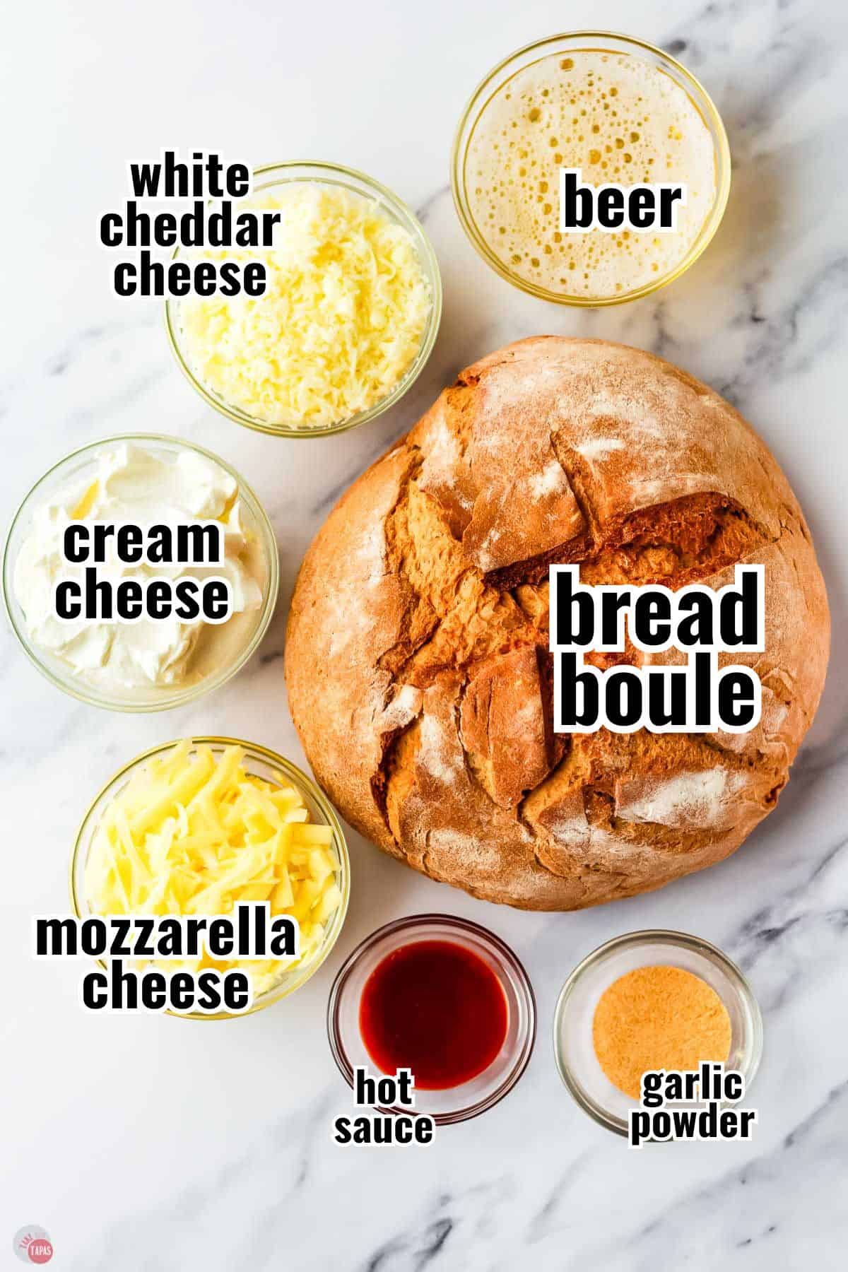 ingredients for beer cheese dip with text overlay labeling them