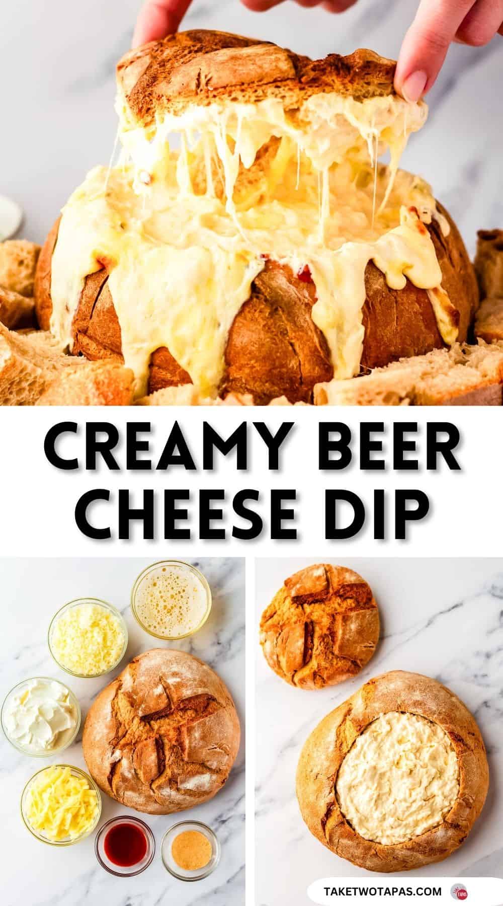 Pinterest pin image for beer cheese dip in a bread bowl