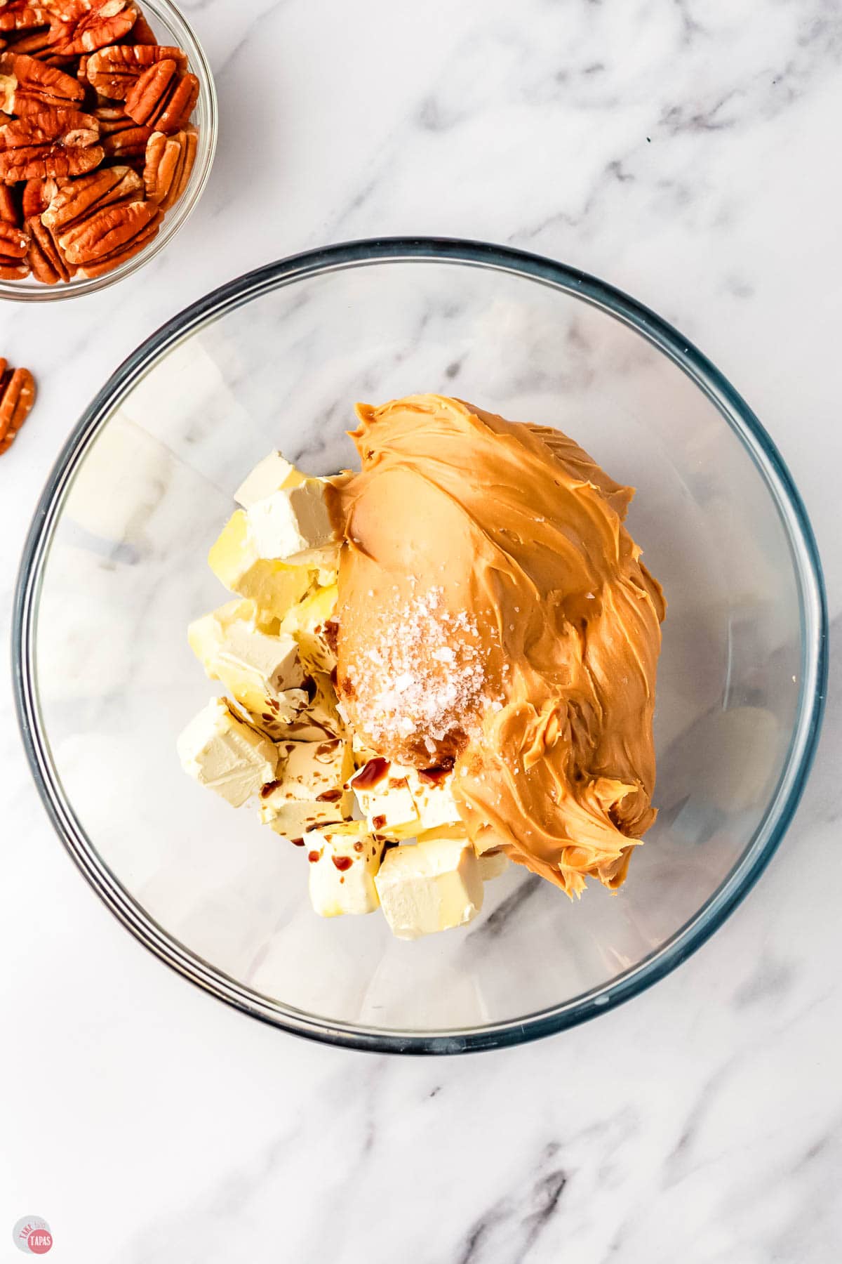 peanut butter and butter in a clear bowl