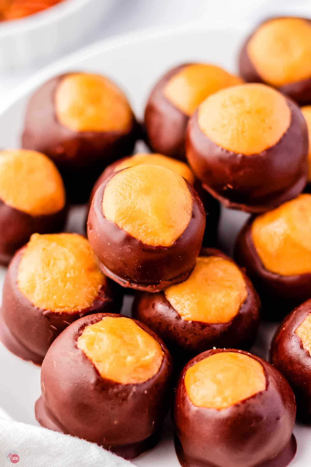 close up of buckeyes in a bowl