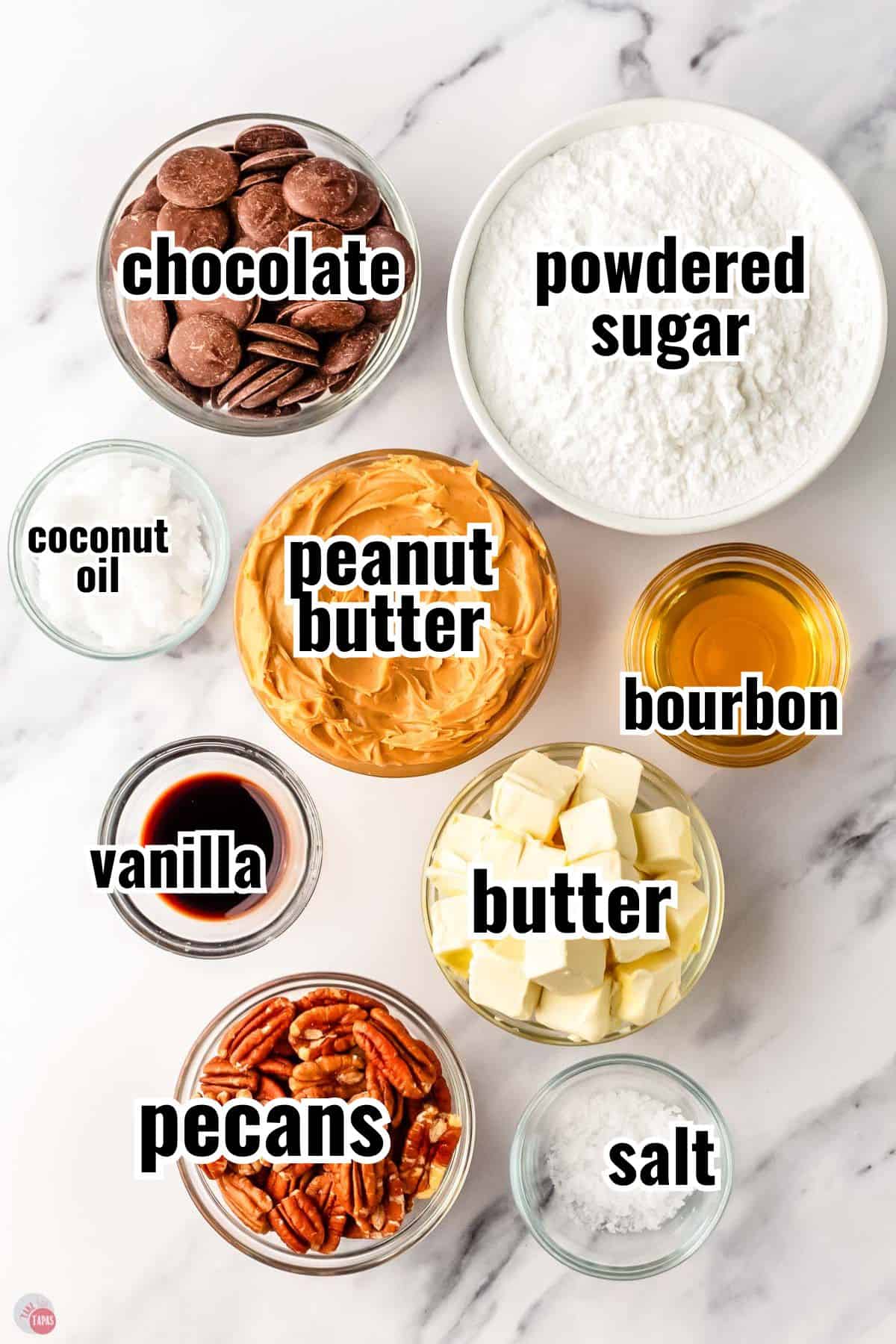 ingredients for buckeyes in individual bowls with text overlay labeling them