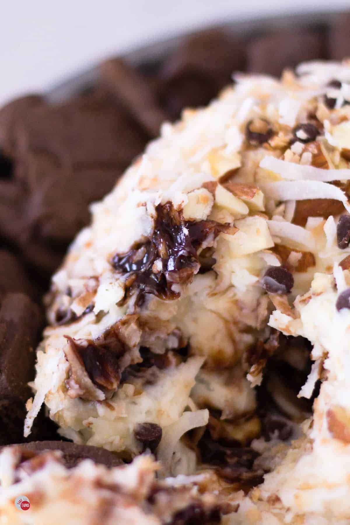 close up of cheese ball with shredded coconut on it