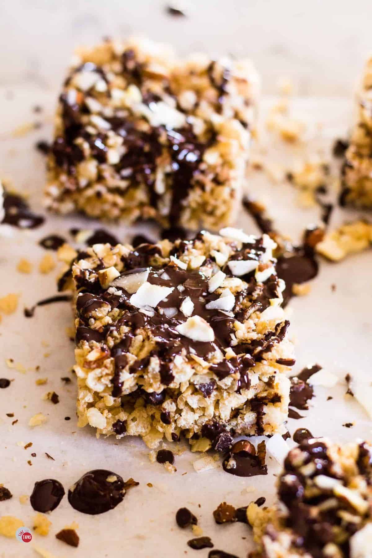 almond joy rice krispie treats on parchment paper