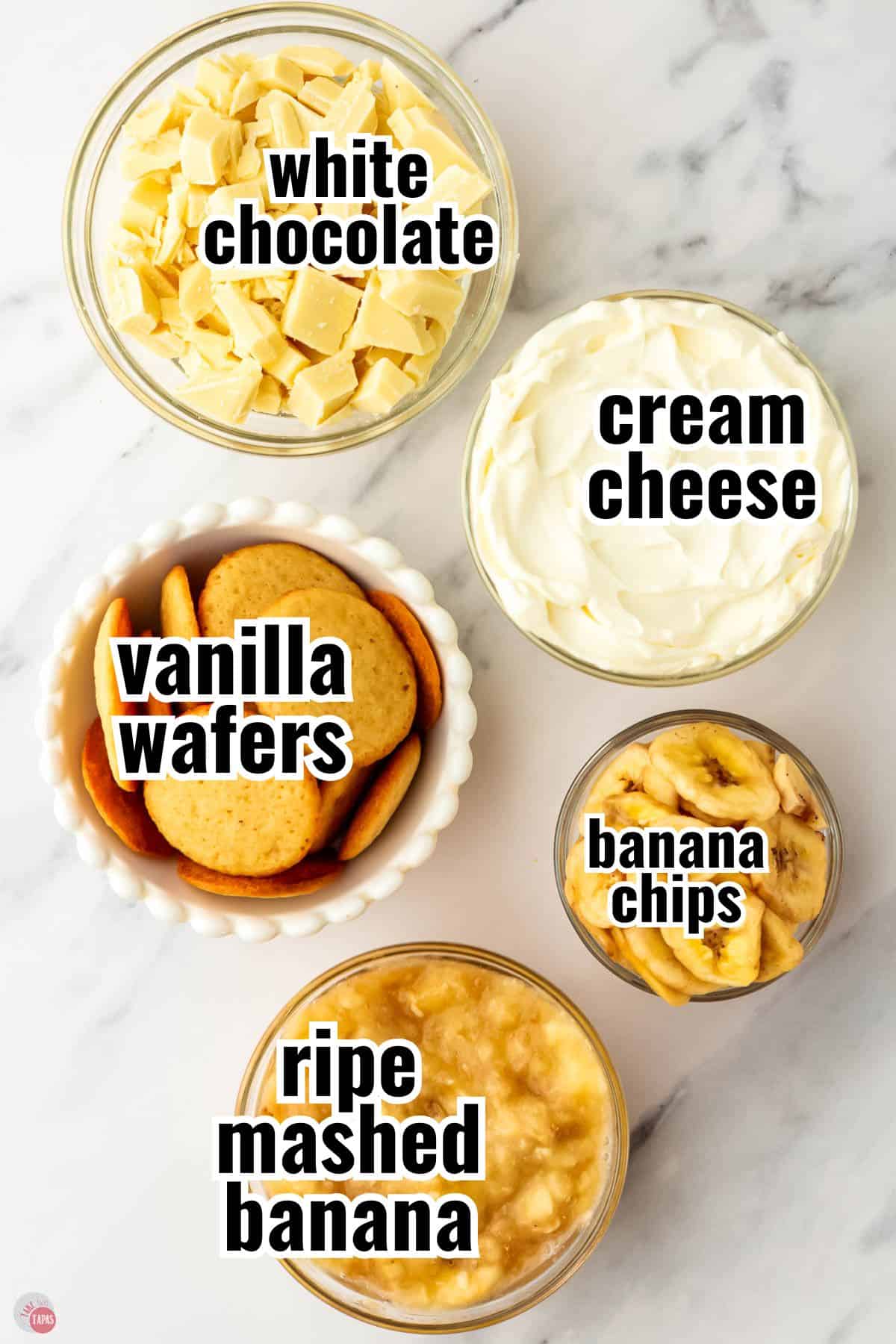 ingredients for banana pudding with text overlay labeling them