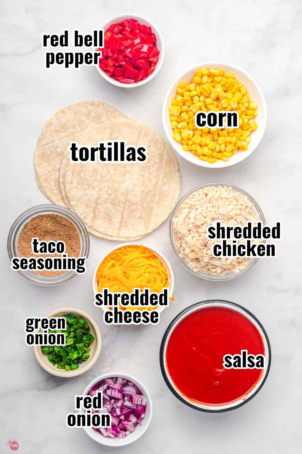ingredients for a blooming quesadilla ring recipe with text overlay labeling them