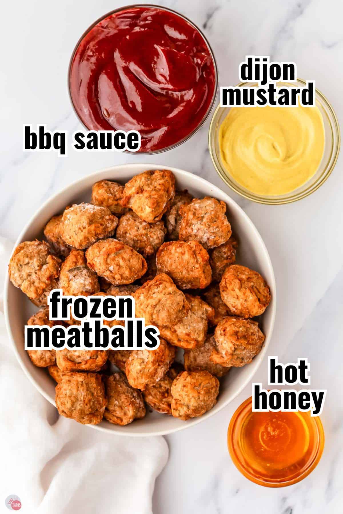 ingredients for a meatball recipe with text overlay labeling them