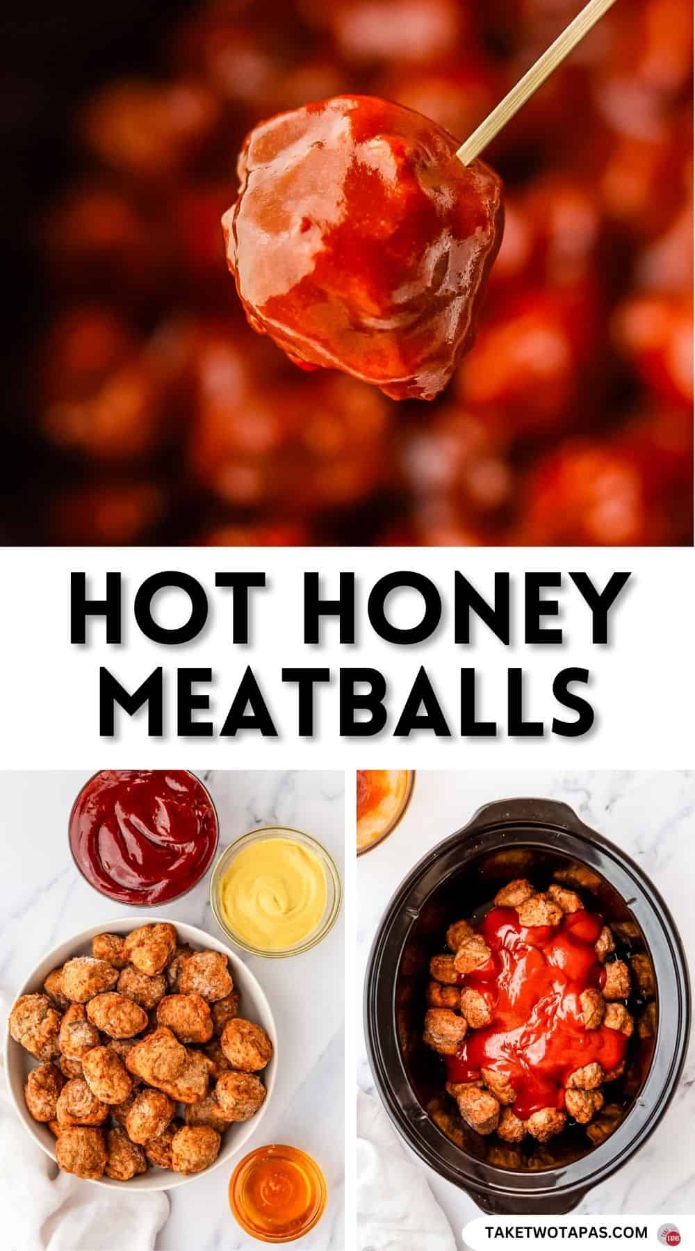 Pinterest pin image for hot honey meatballs recipe