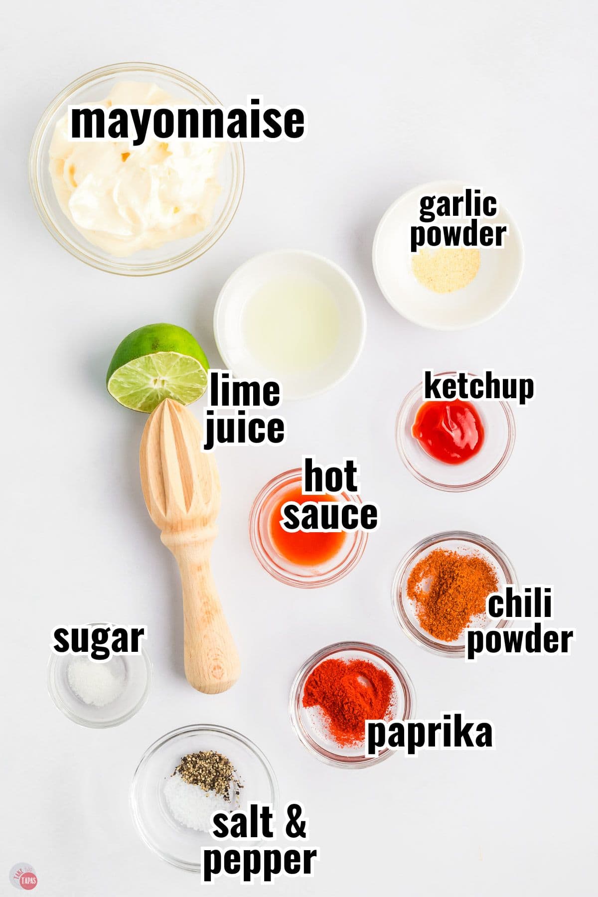 ingredients in individual bowls with text overlay labeling them