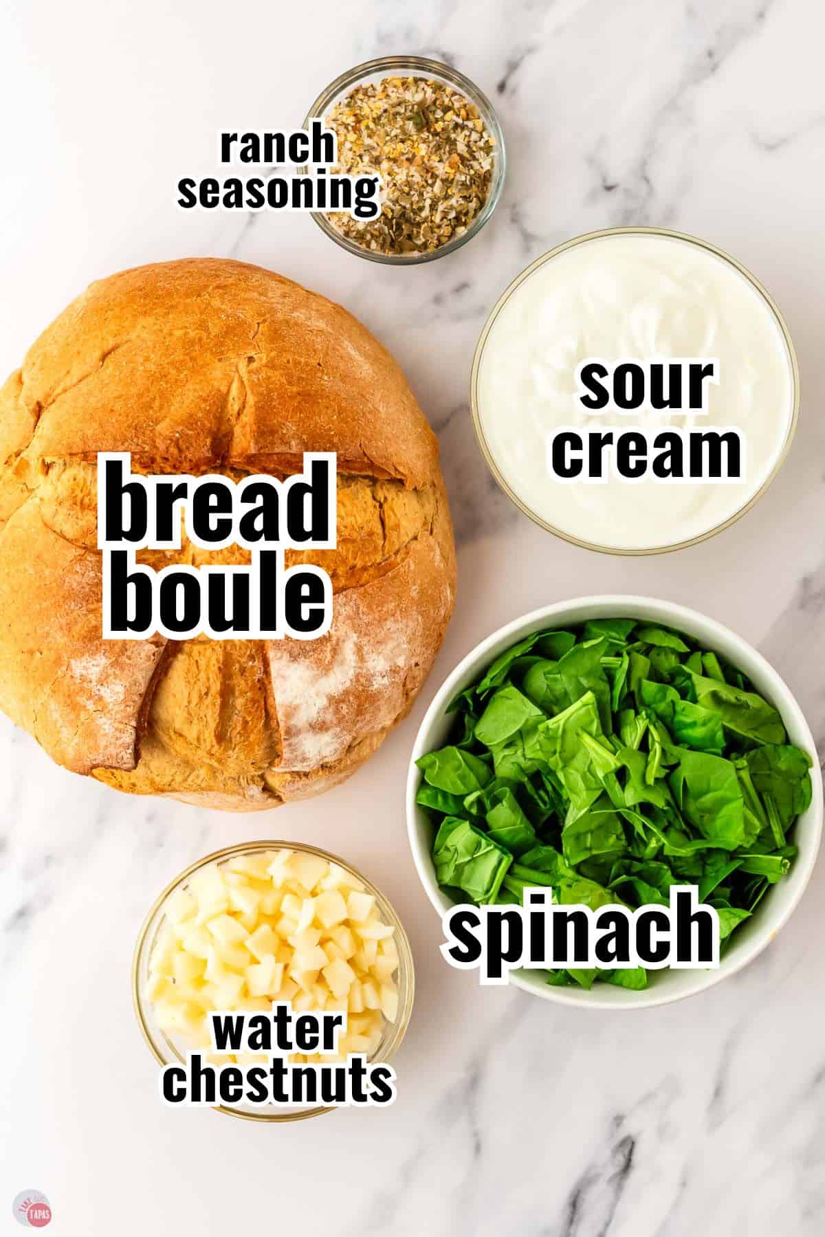 ingredients for this spinach dip with text overlay labeling them