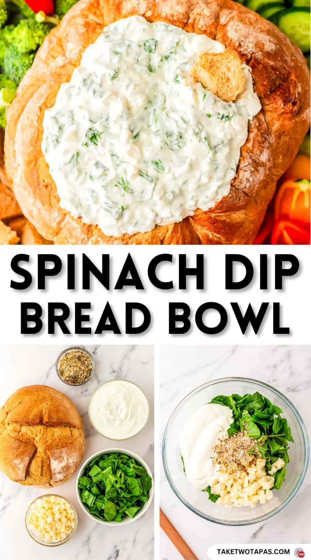 Pinterest pin image for spinach dip bread bowl