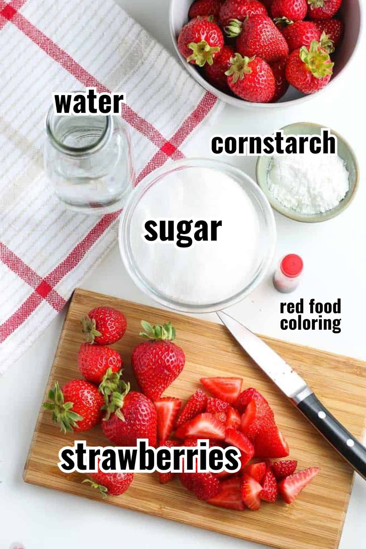 ingredients for a dessert sauce with text overlay labeling them