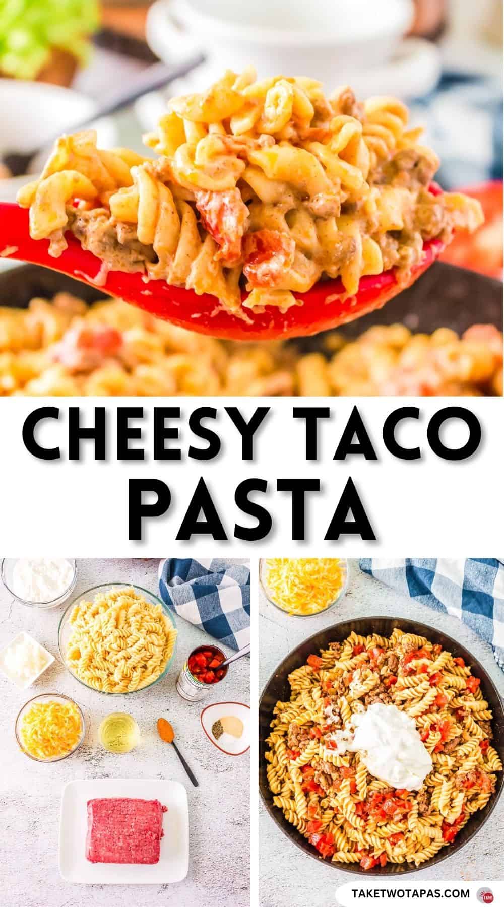 Pinterest pin image for taco pasta skillet meal recipe