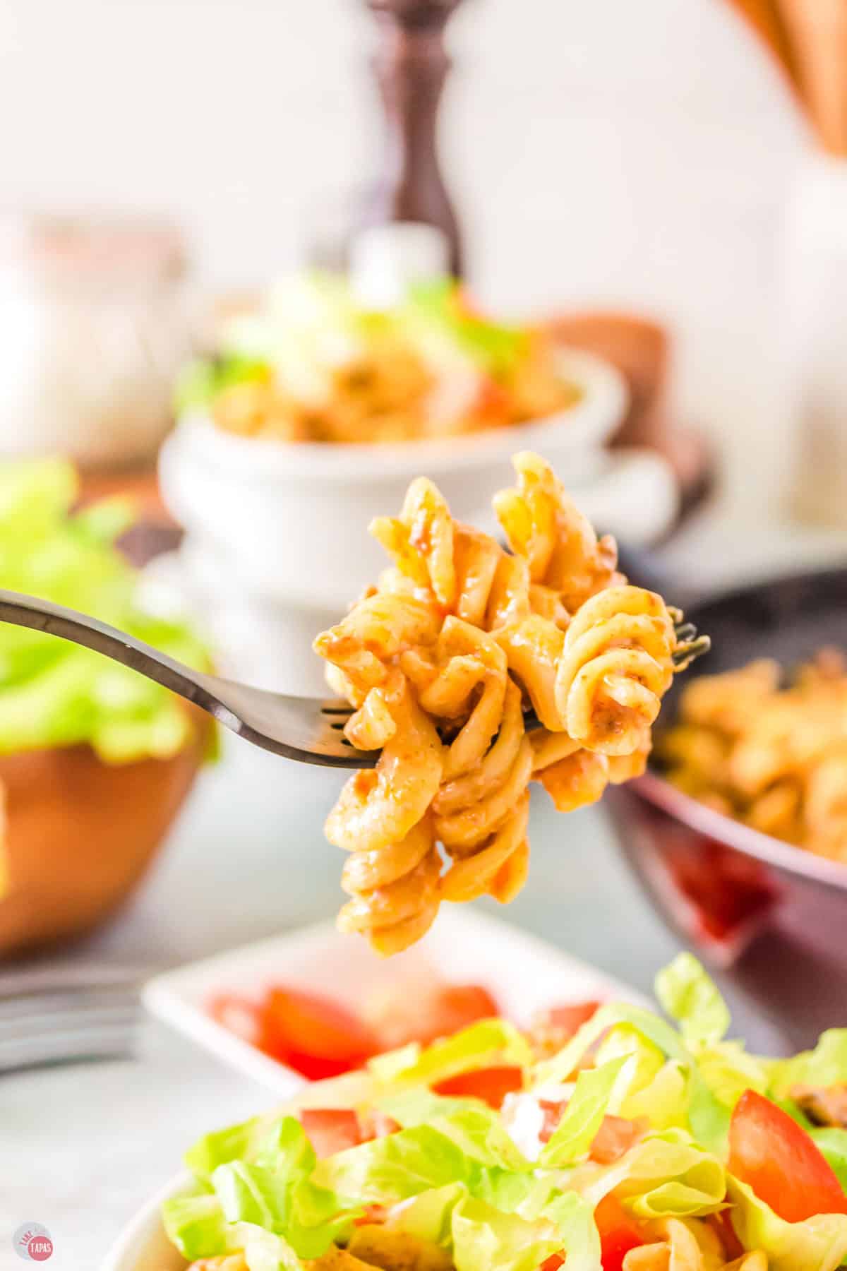 fork with bite of pasta on it