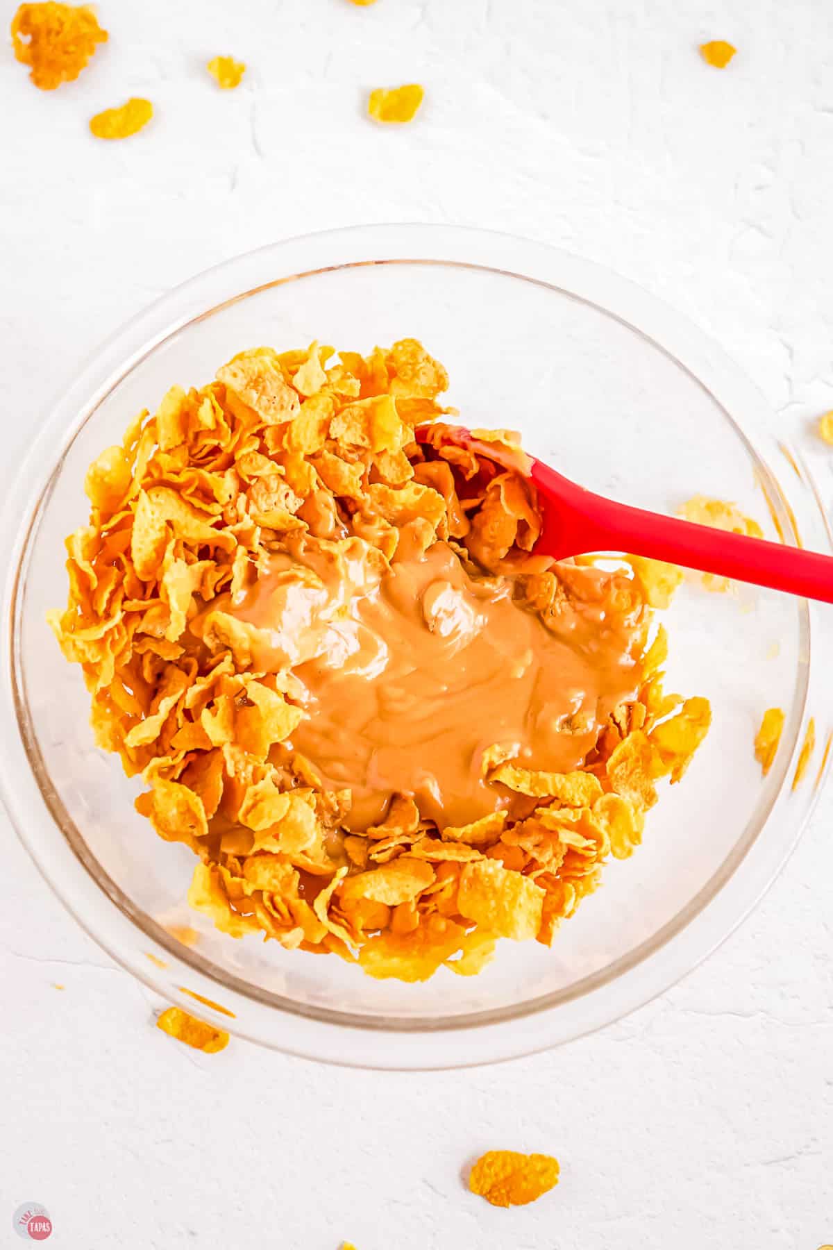 peanut butter and cereal in a clear bowl