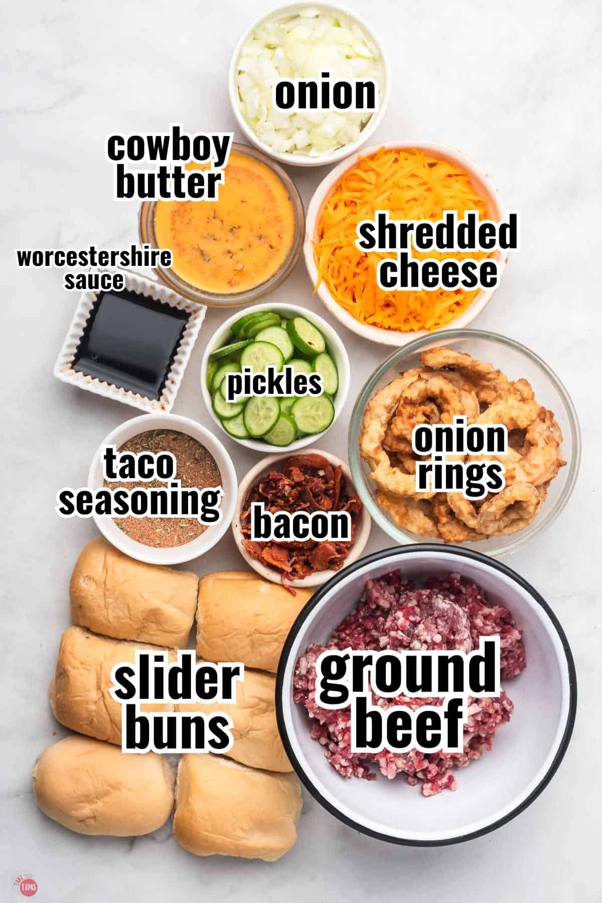 ingredients for cowboy sliders with text overlay labeling them