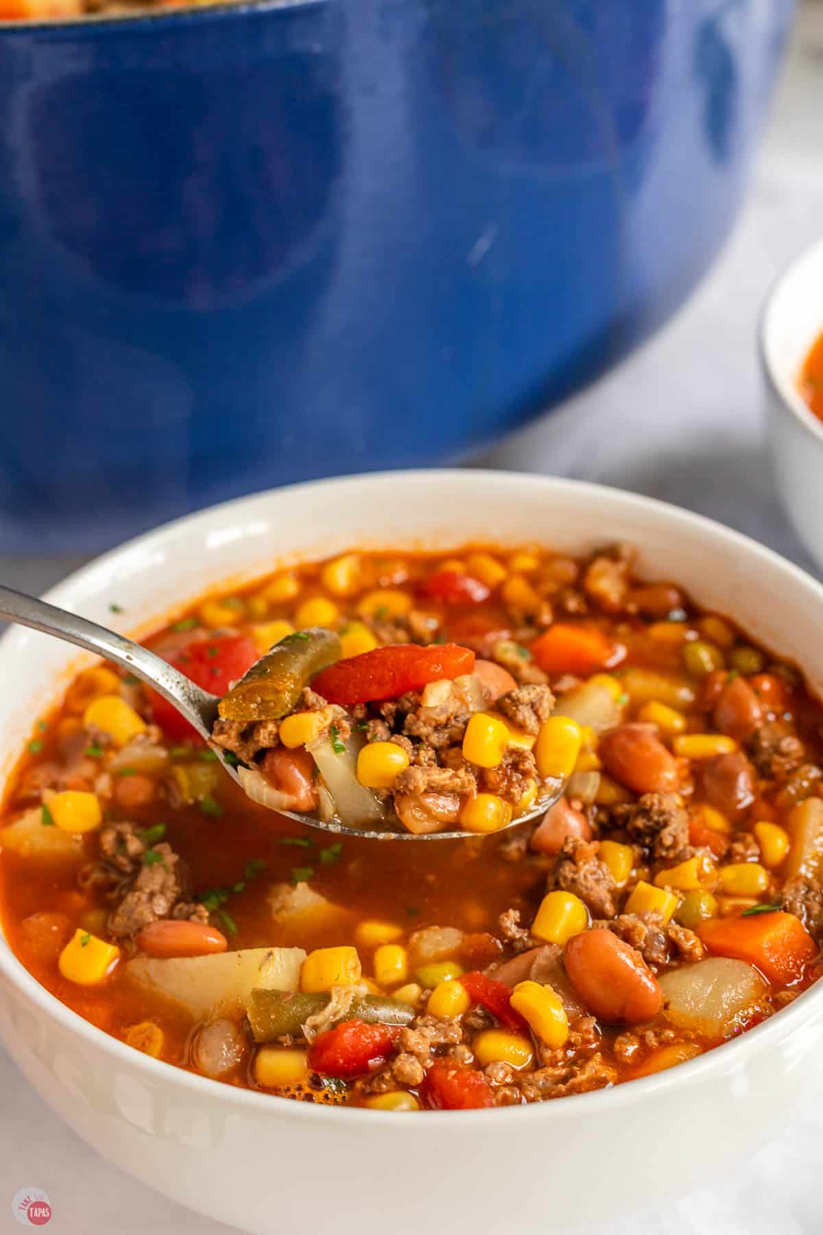 spoon of soup over a bowl