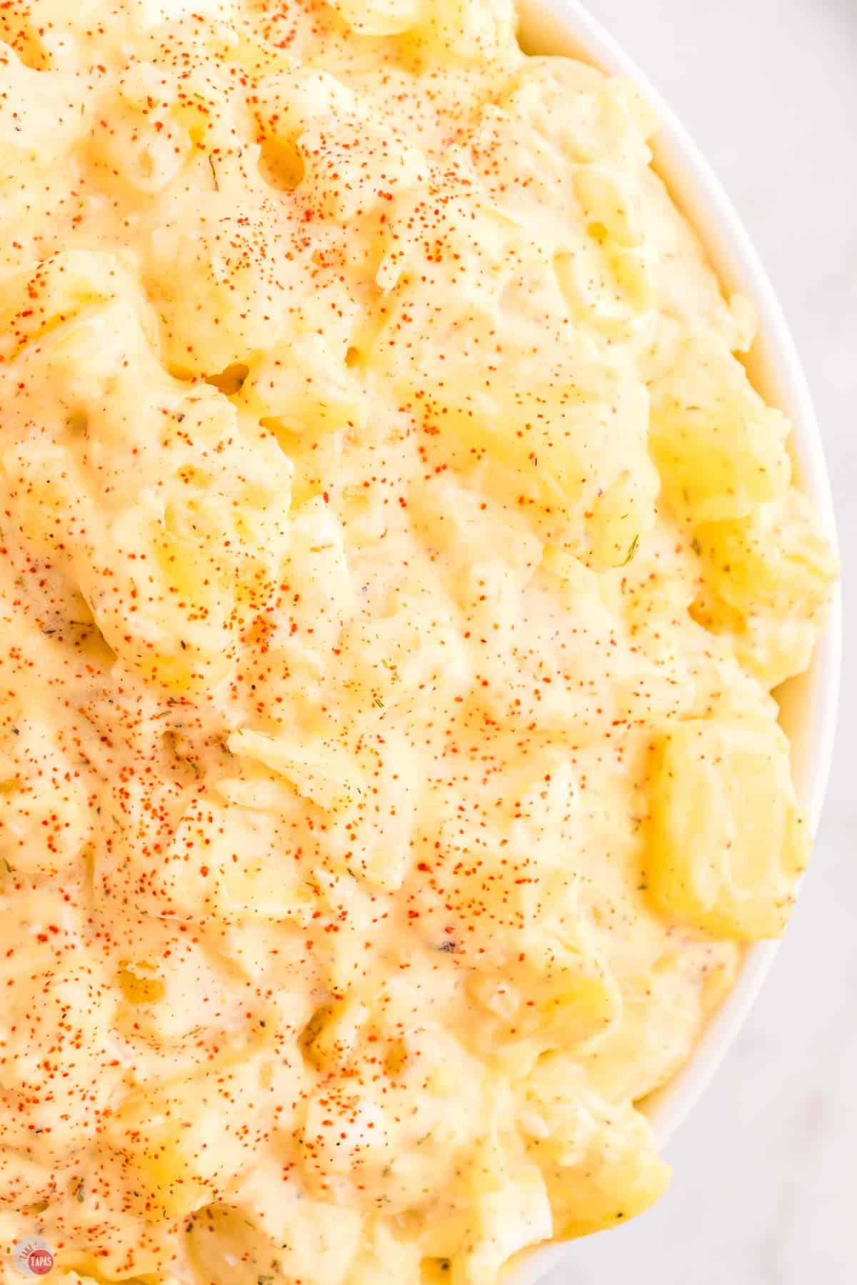 close up of a bowl of potato salad with paprika on top