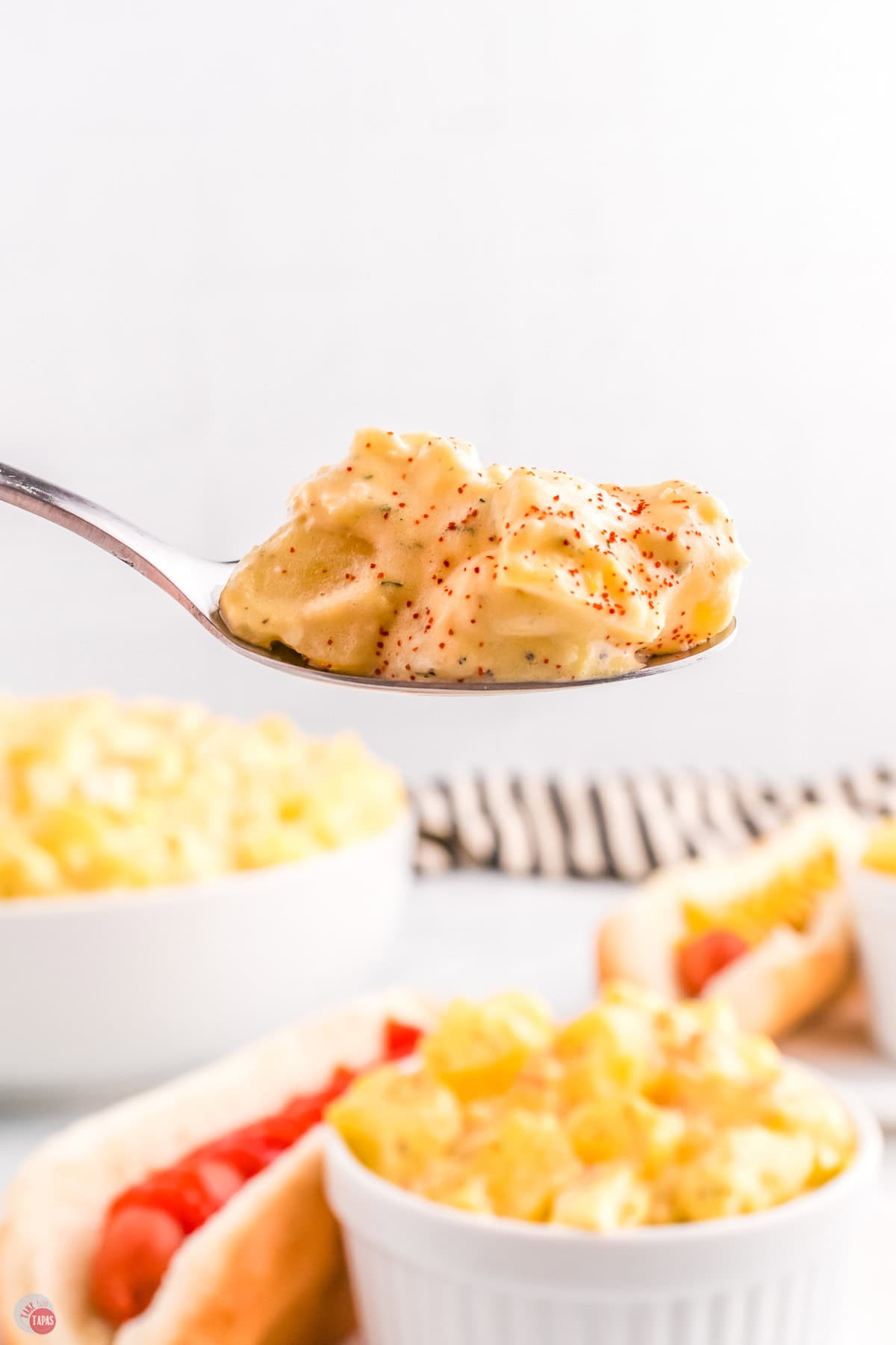 side view of spoon with potato salad on it