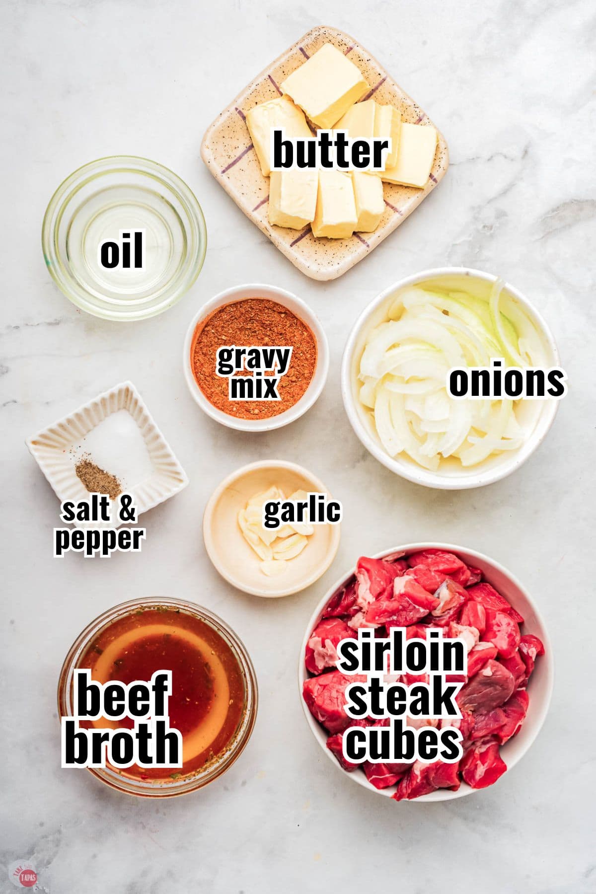 Ingredients for a steak recipe in individual bowls with text overlay labeling them